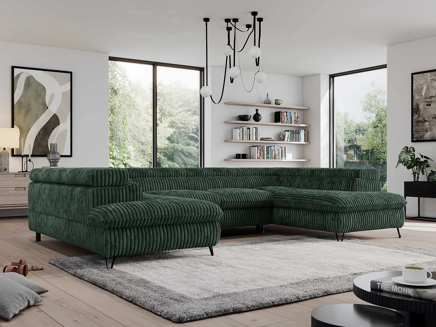 Ecksofa PEDRO U - XXL U-förmige Ecke, schlaffunktion und Bettkästen - Grün Cord