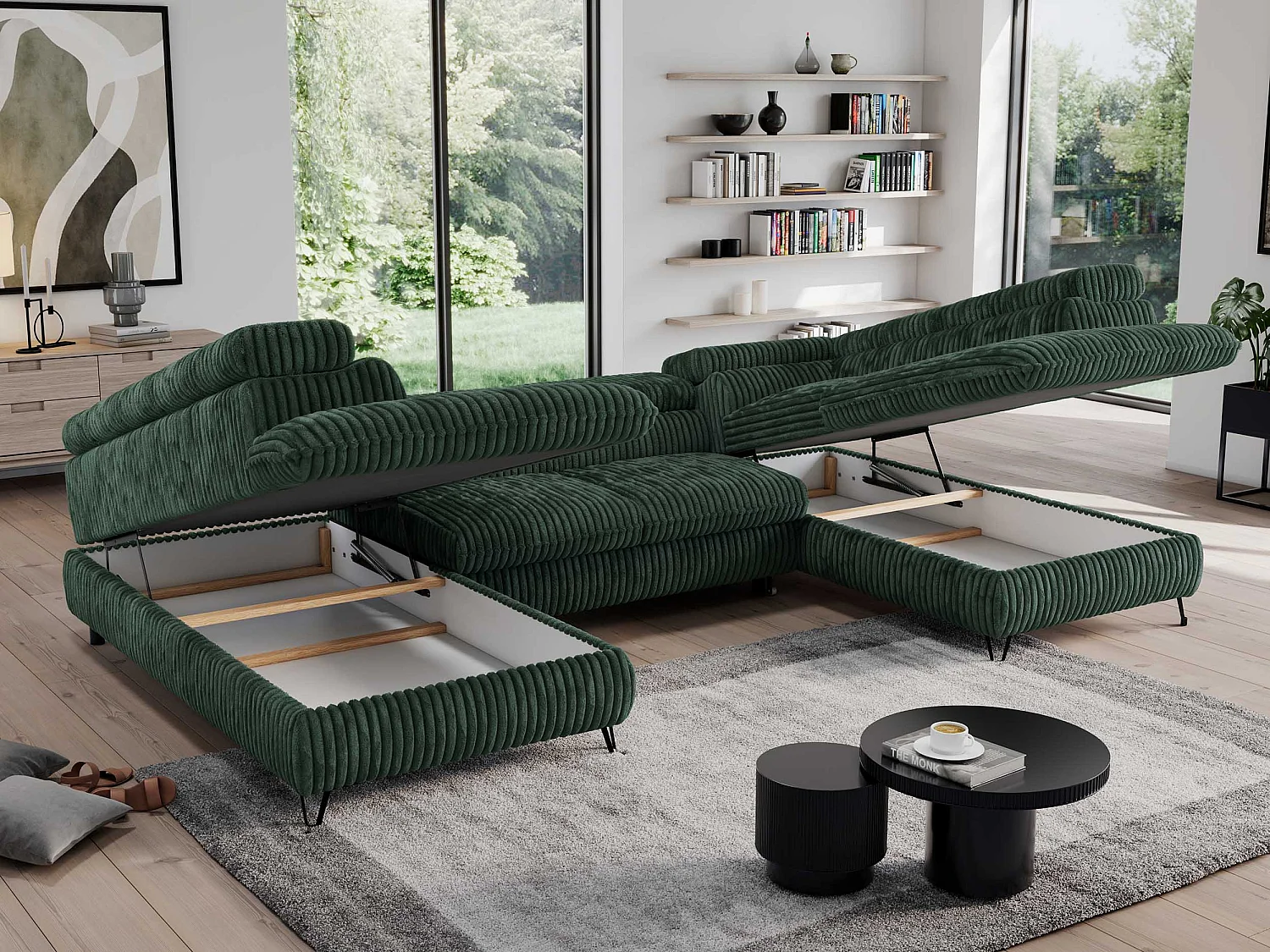 Ecksofa PEDRO U - XXL U-förmige Ecke, schlaffunktion und Bettkästen - Grün Cord