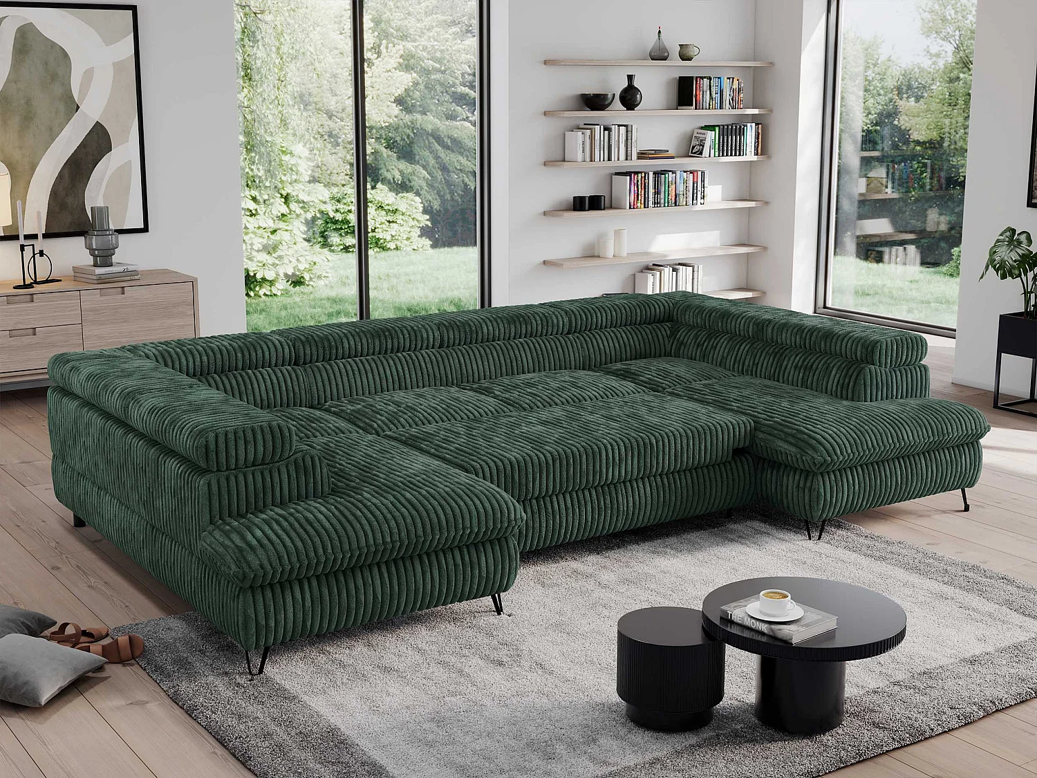 Ecksofa PEDRO U - XXL U-förmige Ecke, schlaffunktion und Bettkästen - Grün Cord