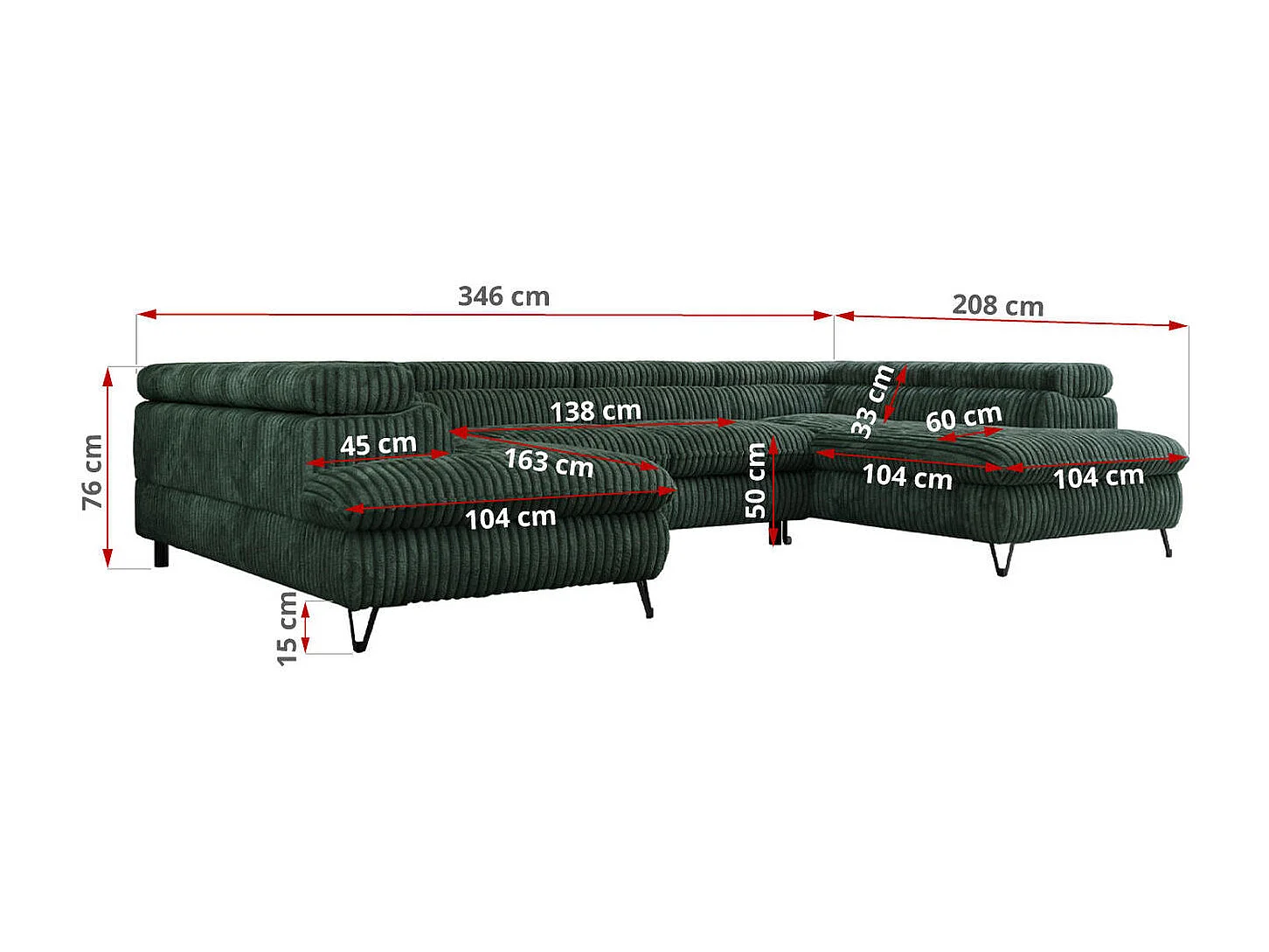 Ecksofa PEDRO U - XXL U-förmige Ecke, schlaffunktion und Bettkästen - Grün Cord