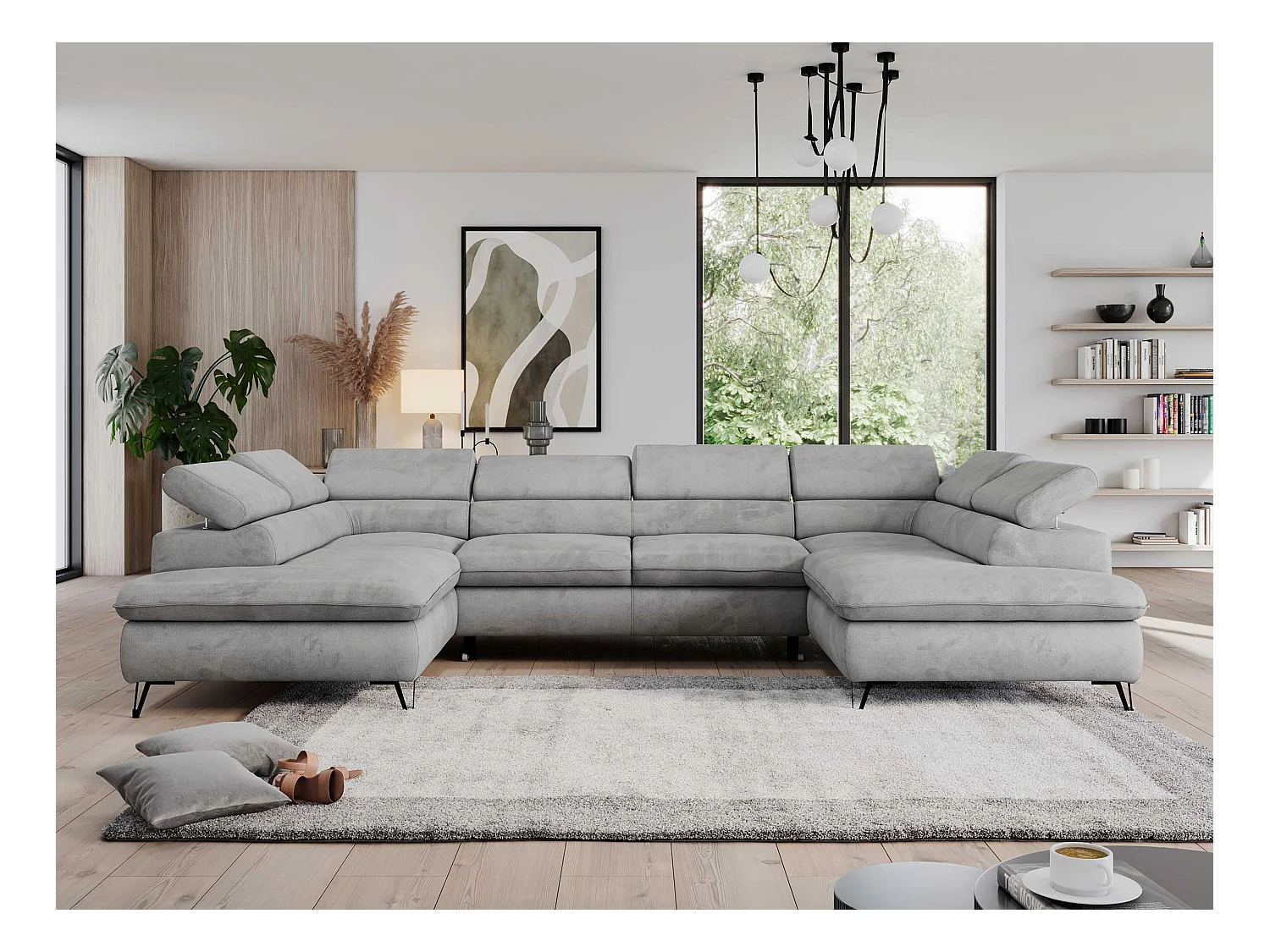 Ecksofa PEDRO U - XXL U-förmige Ecke, schlaffunktion und Bettkästen - Hellgrau Velvet