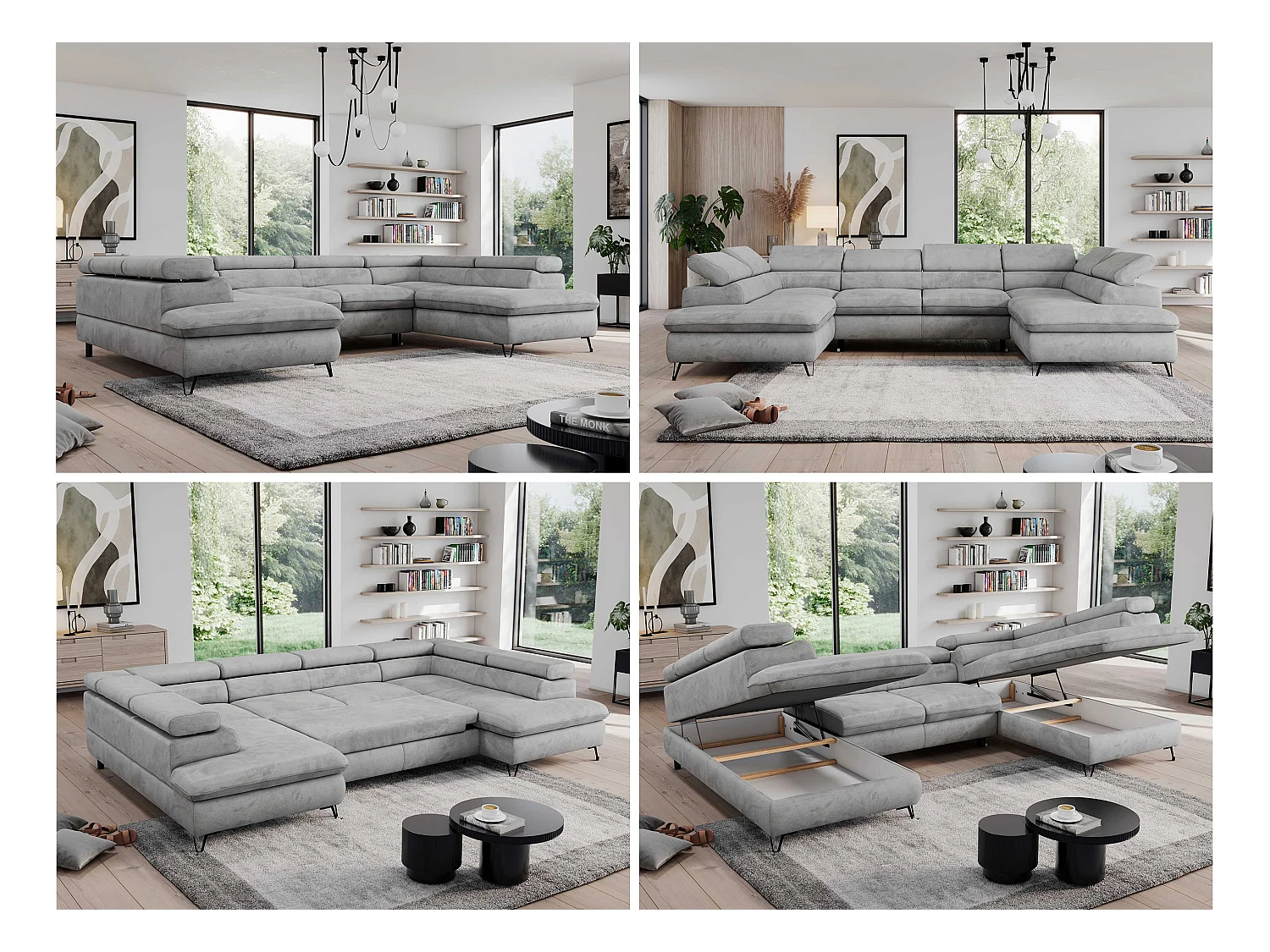 Ecksofa PEDRO U - XXL U-förmige Ecke, schlaffunktion und Bettkästen - Hellgrau Velvet