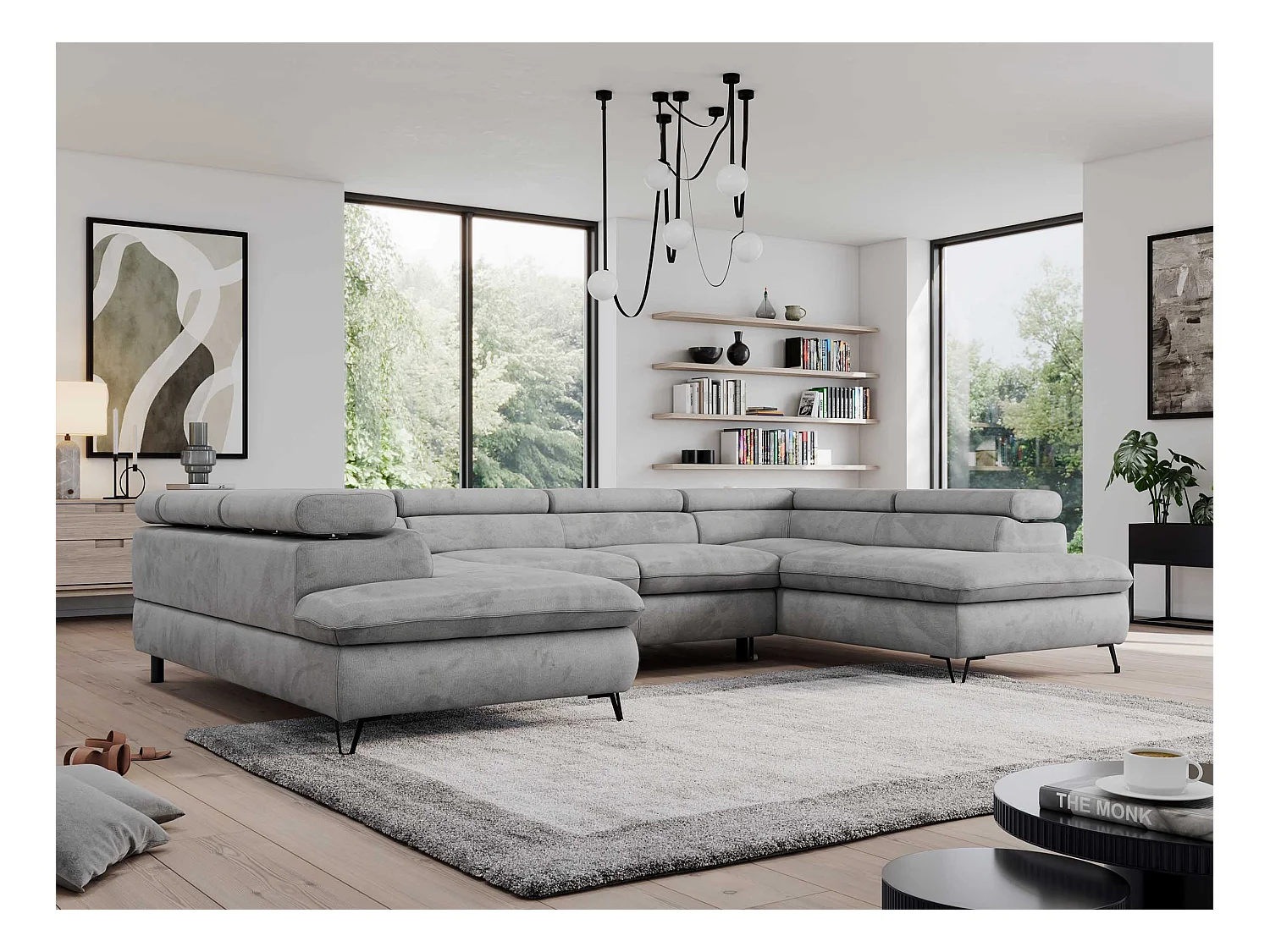 Ecksofa PEDRO U - XXL U-förmige Ecke, schlaffunktion und Bettkästen - Hellgrau Velvet