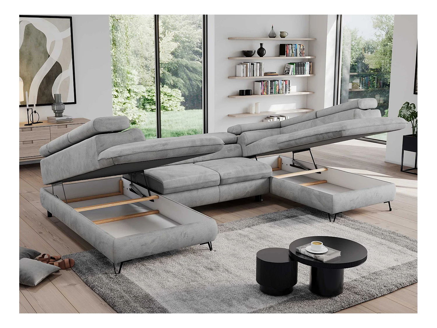 Ecksofa PEDRO U - XXL U-förmige Ecke, schlaffunktion und Bettkästen - Hellgrau Velvet