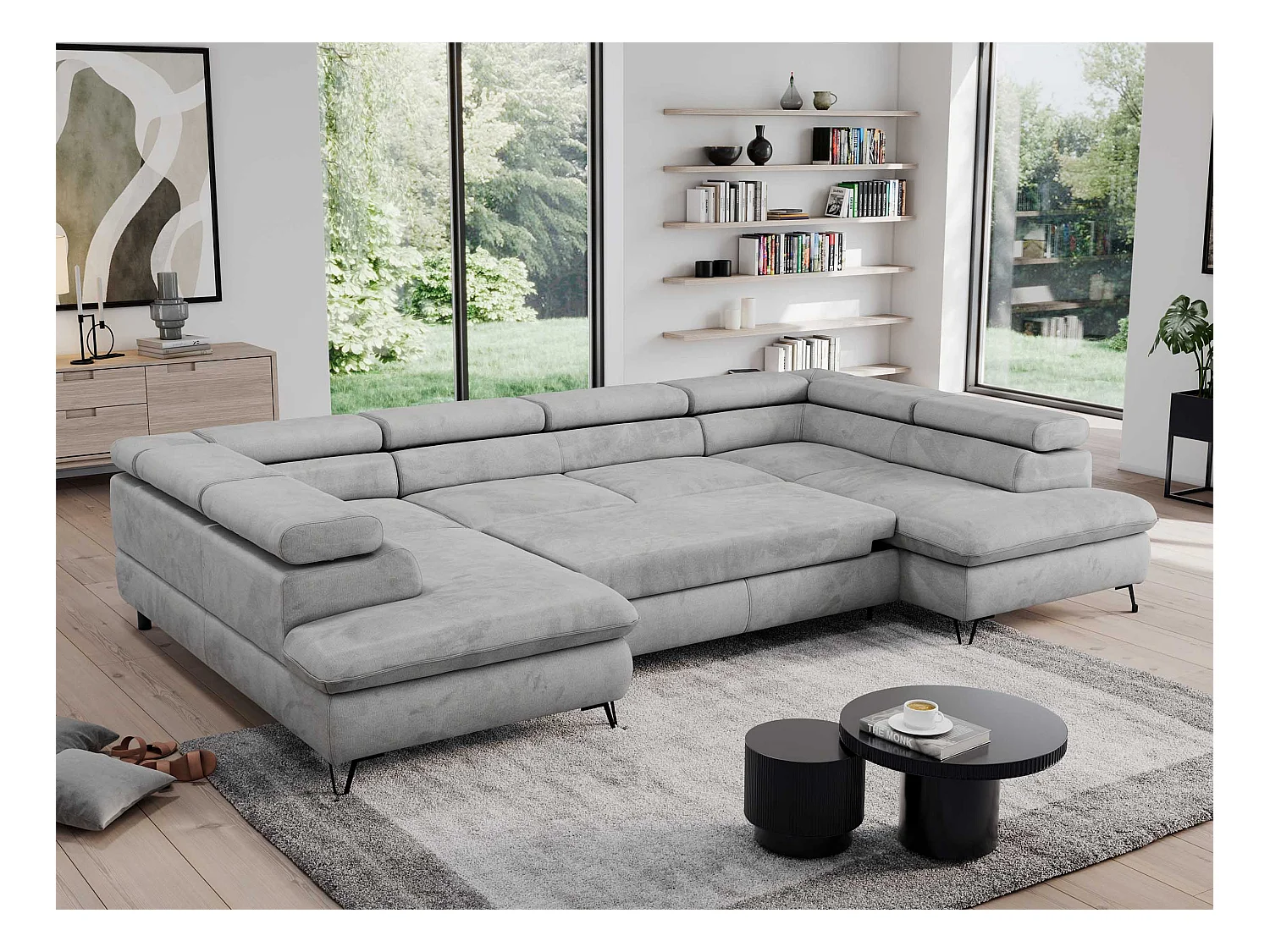 Ecksofa PEDRO U - XXL U-förmige Ecke, schlaffunktion und Bettkästen - Hellgrau Velvet