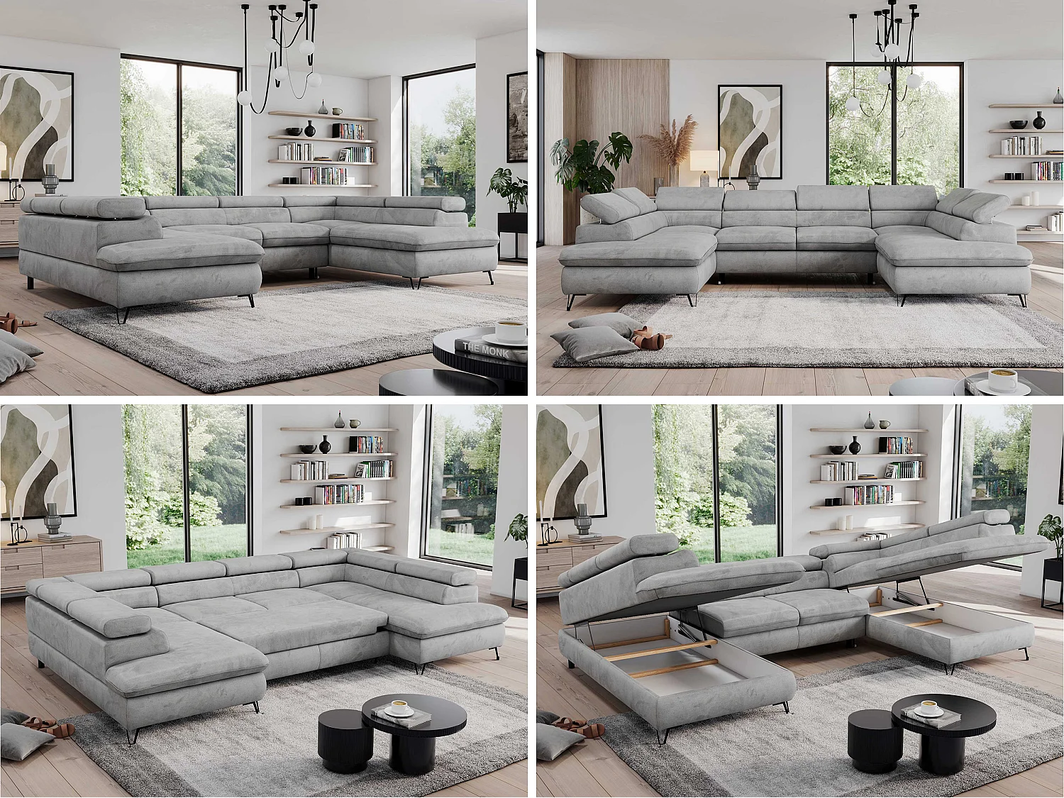 Ecksofa PEDRO U - XXL U-förmige Ecke, schlaffunktion und Bettkästen - Hellgrau Velvet