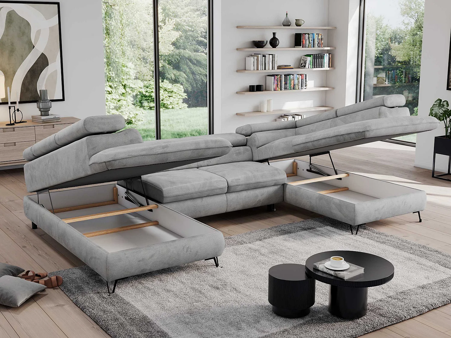 Ecksofa PEDRO U - XXL U-förmige Ecke, schlaffunktion und Bettkästen - Hellgrau Velvet