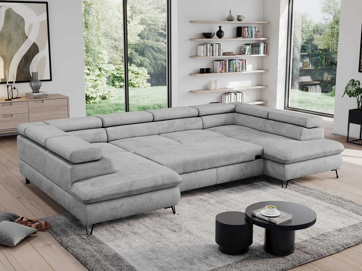 Ecksofa PEDRO U - XXL U-förmige Ecke, schlaffunktion und Bettkästen - Hellgrau Velvet