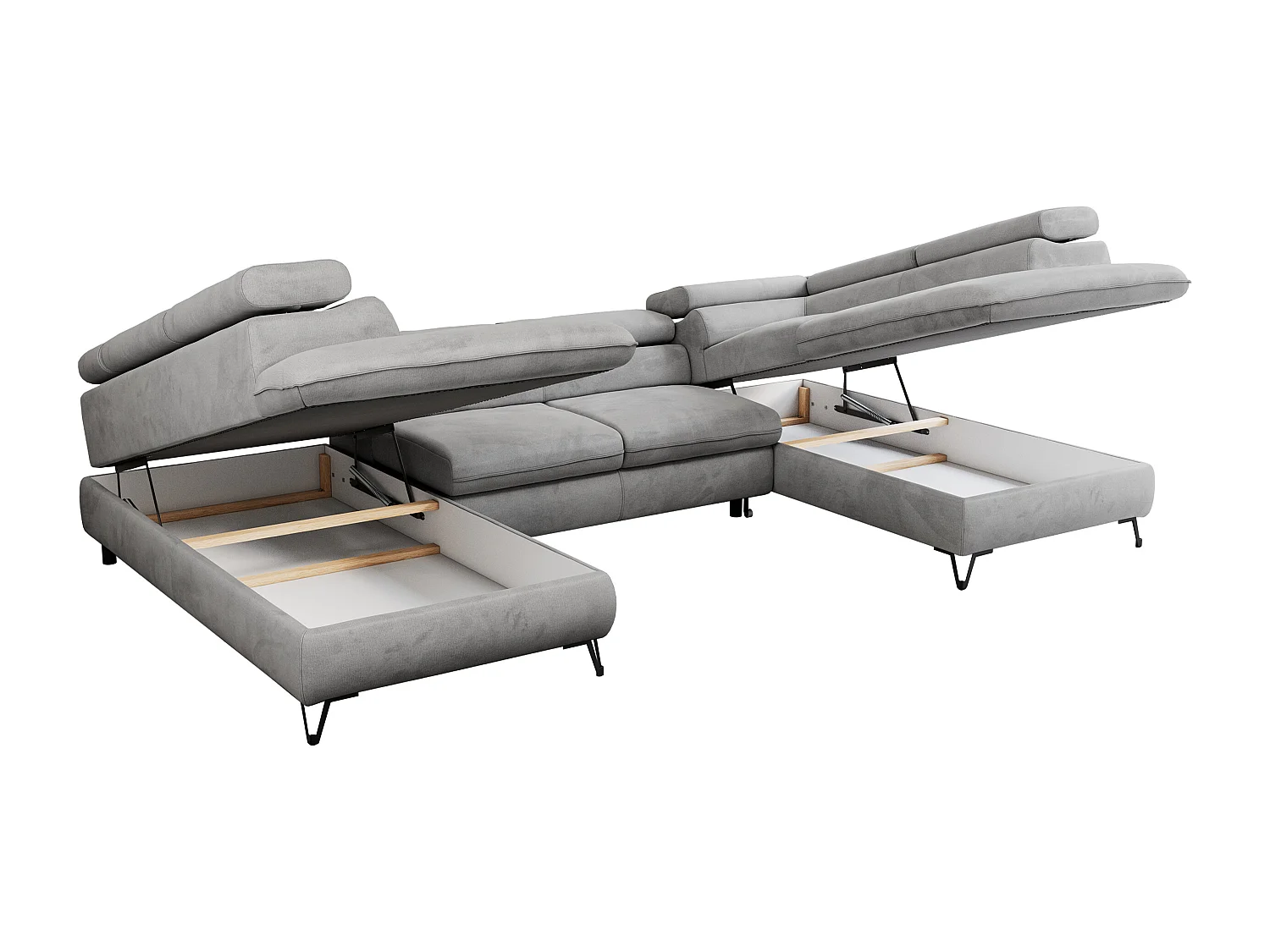 Ecksofa PEDRO U - XXL U-förmige Ecke, schlaffunktion und Bettkästen - Hellgrau Velvet