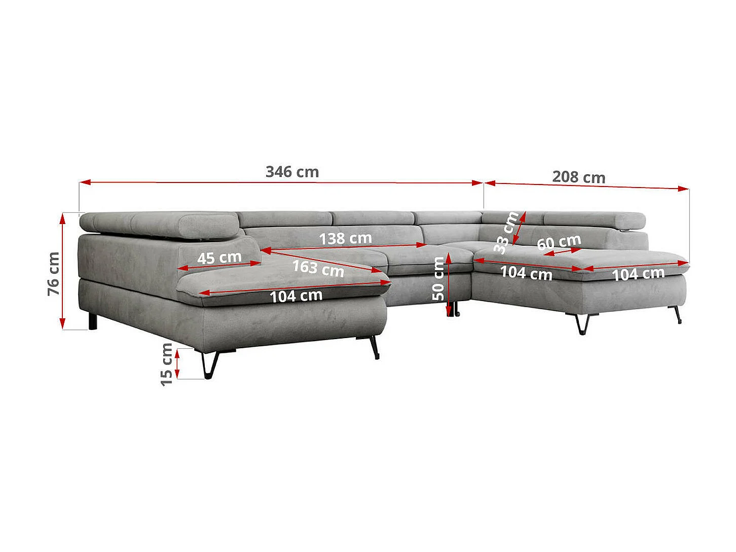 Ecksofa PEDRO U - XXL U-förmige Ecke, schlaffunktion und Bettkästen - Hellgrau Velvet