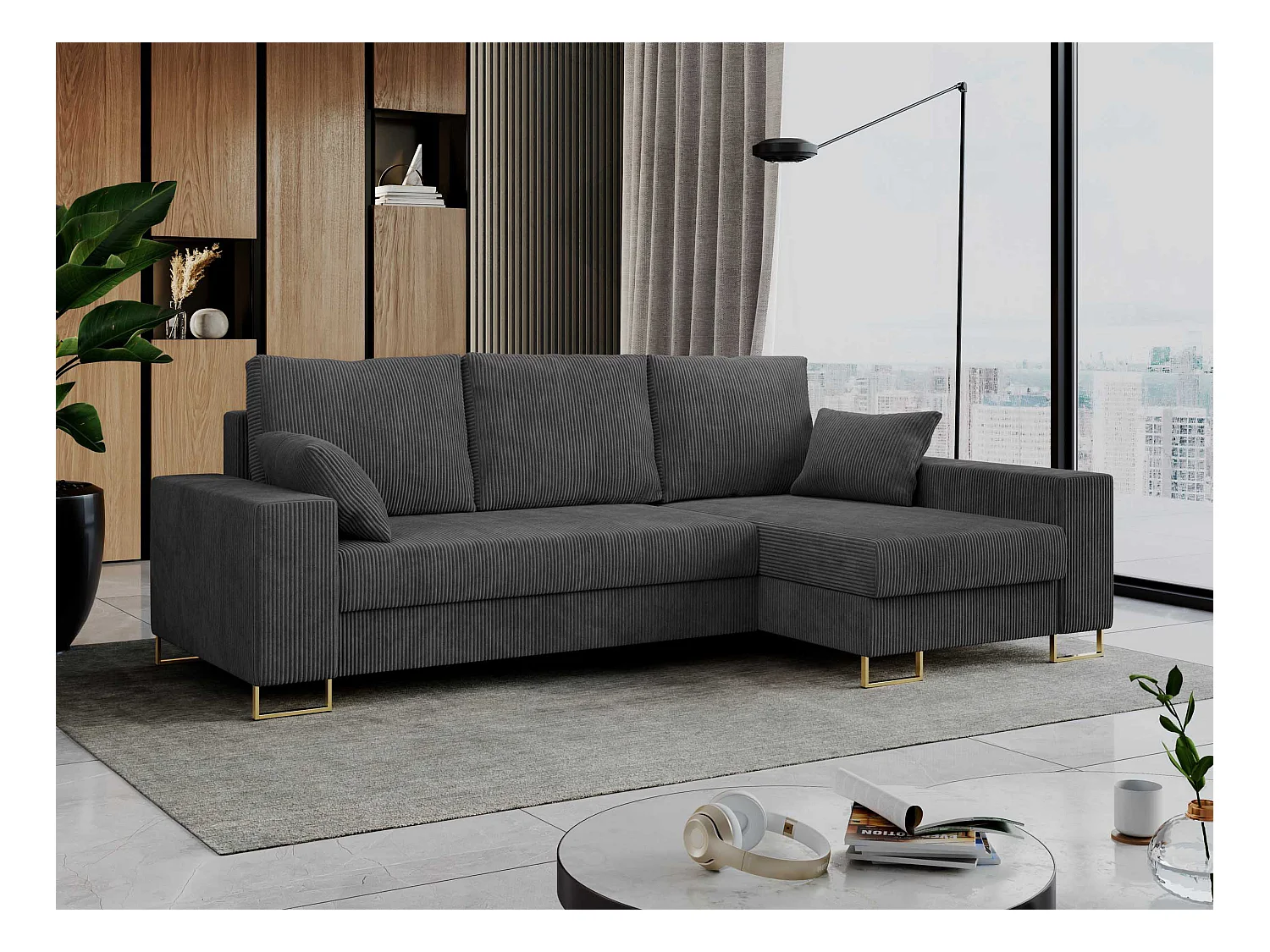 Ecksofa DORIAN - schlaffunktion und Bettkasten, lose Kissen - Dunkelgrau Cord