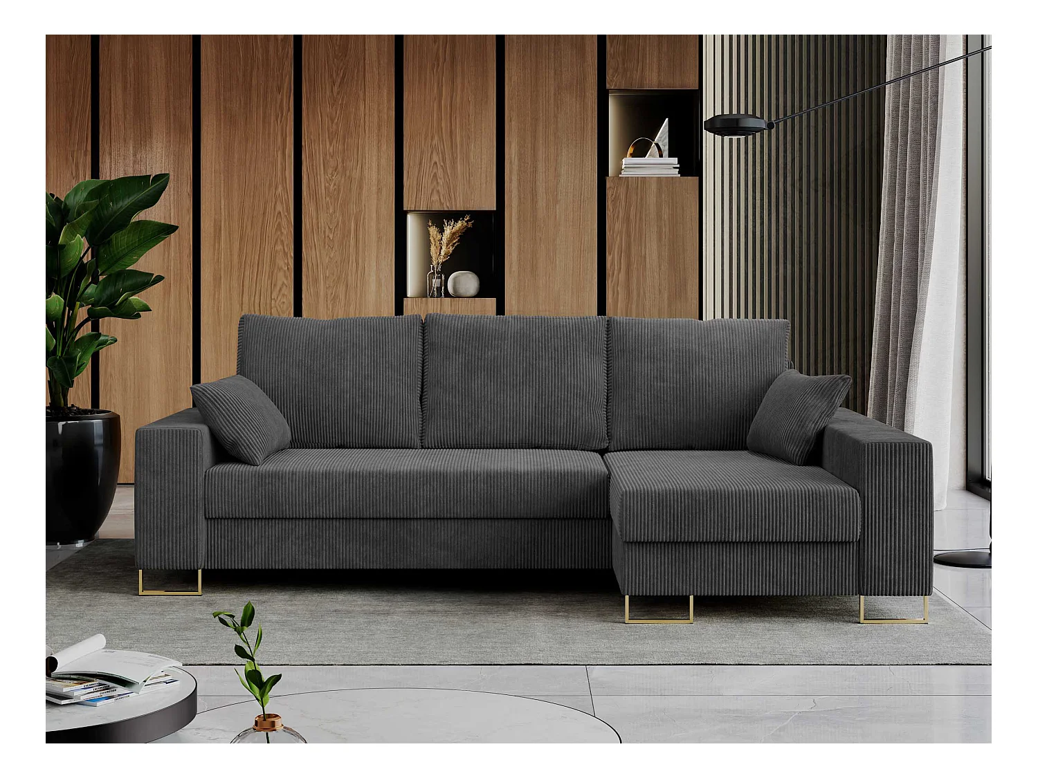 Ecksofa DORIAN - schlaffunktion und Bettkasten, lose Kissen - Dunkelgrau Cord