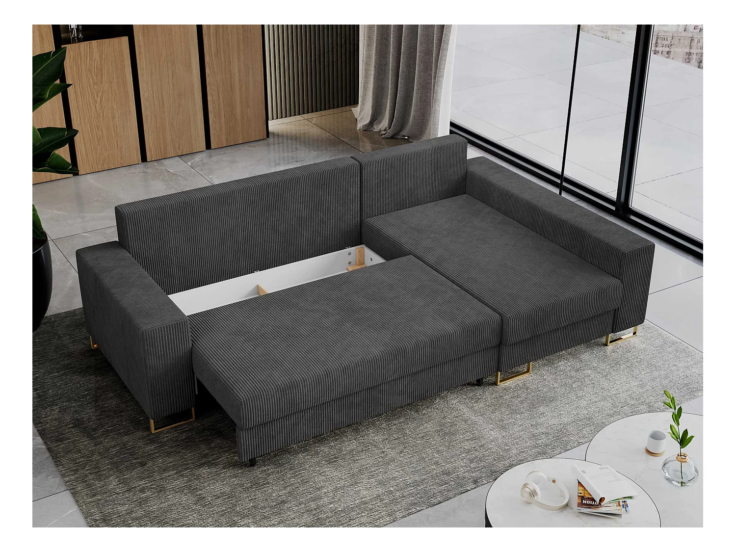 Ecksofa DORIAN - schlaffunktion und Bettkasten, lose Kissen - Dunkelgrau Cord