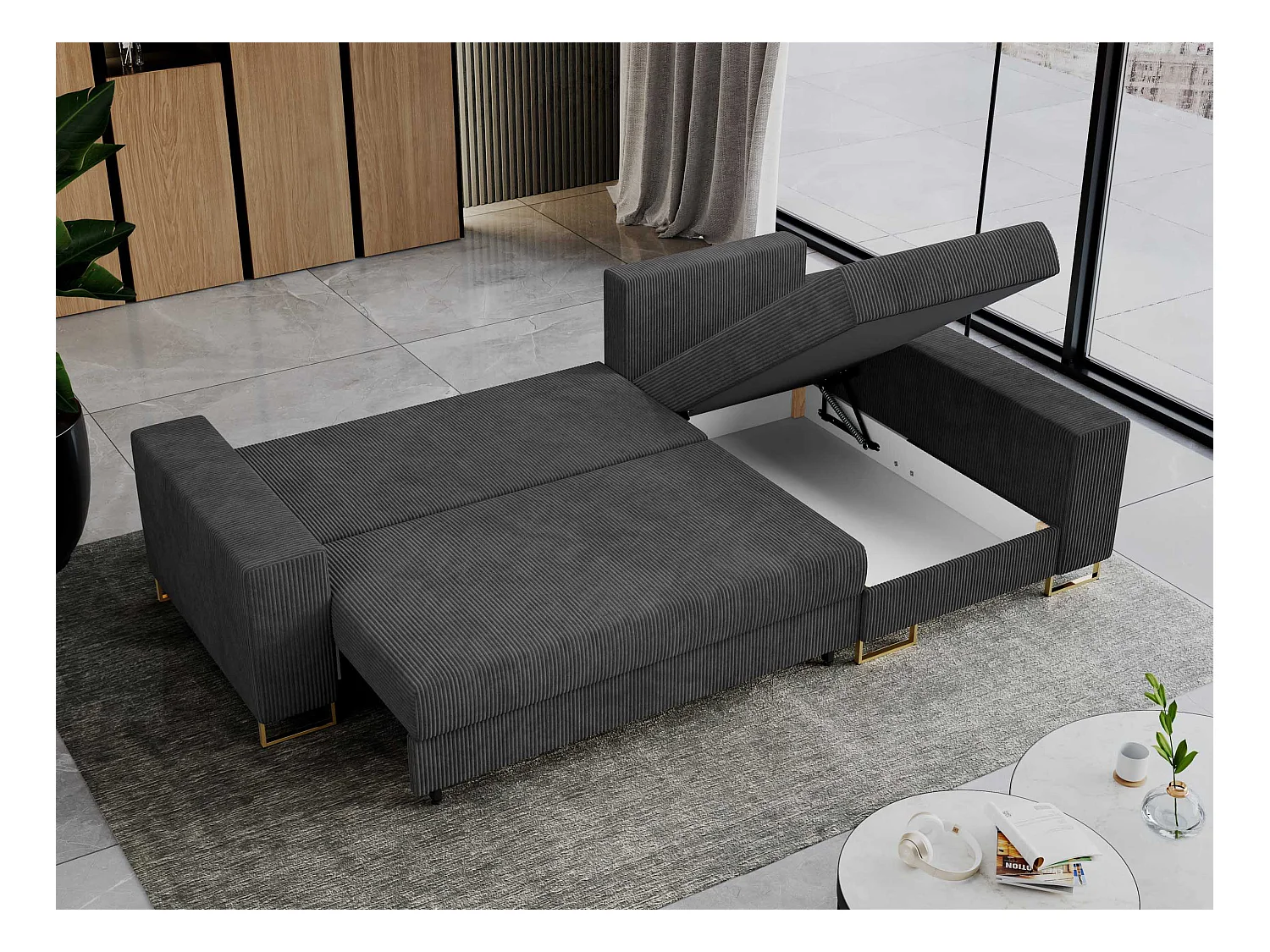 Ecksofa DORIAN - schlaffunktion und Bettkasten, lose Kissen - Dunkelgrau Cord