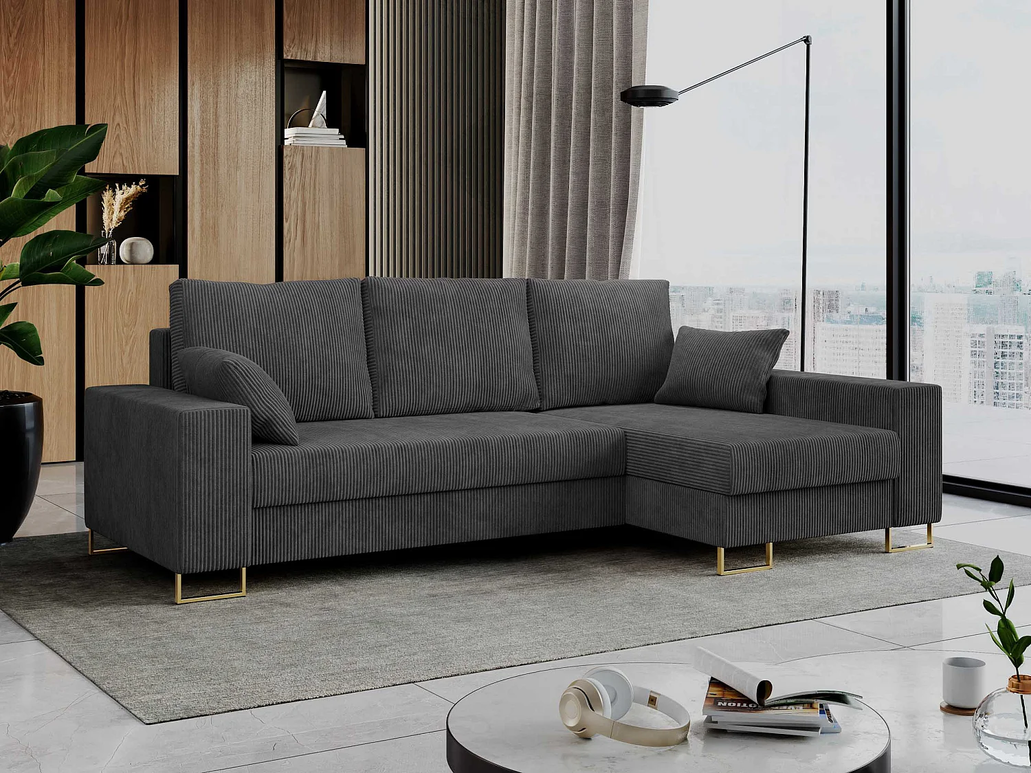 Ecksofa DORIAN - schlaffunktion und Bettkasten, lose Kissen - Dunkelgrau Cord