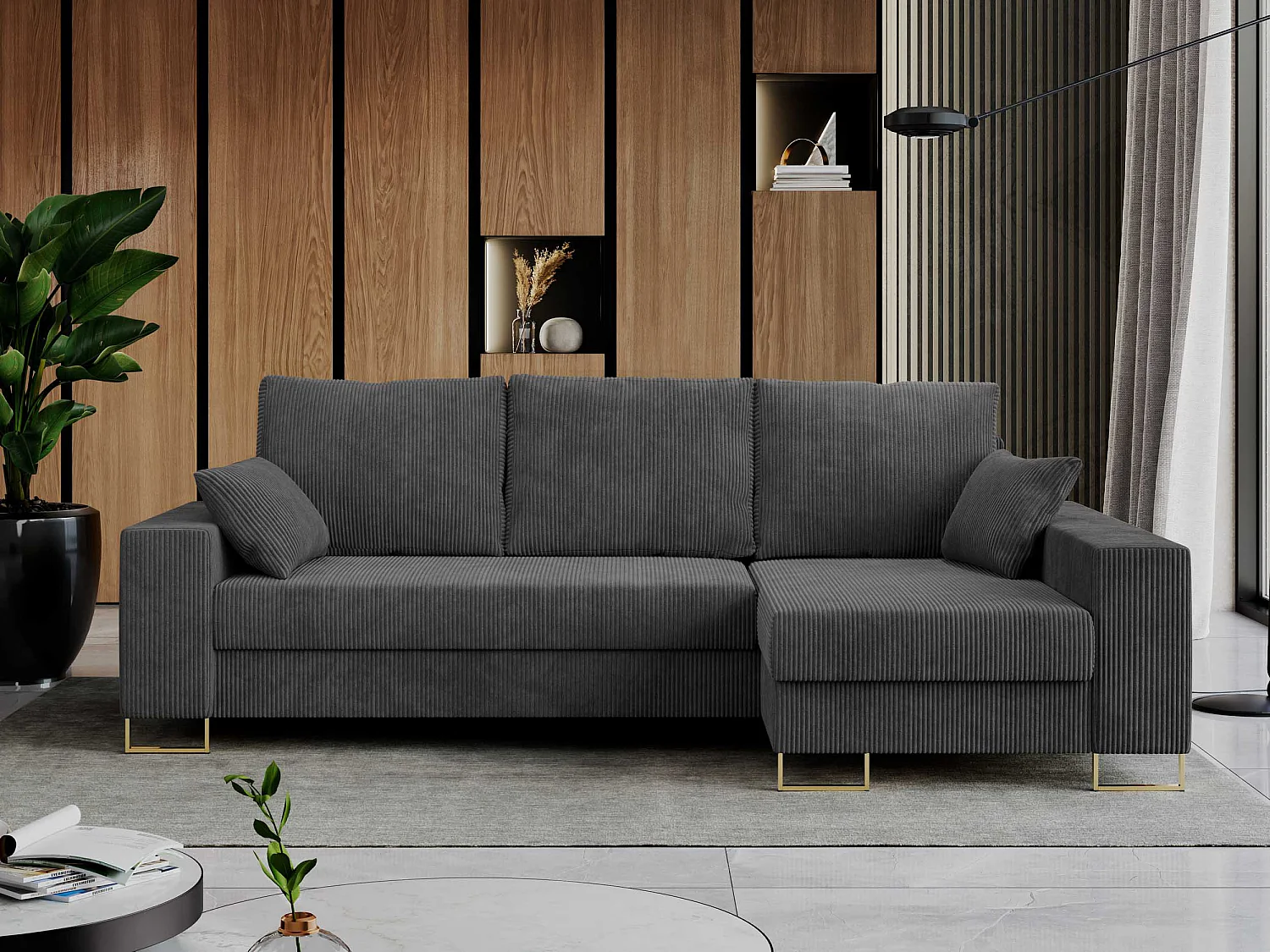 Ecksofa DORIAN - schlaffunktion und Bettkasten, lose Kissen - Dunkelgrau Cord