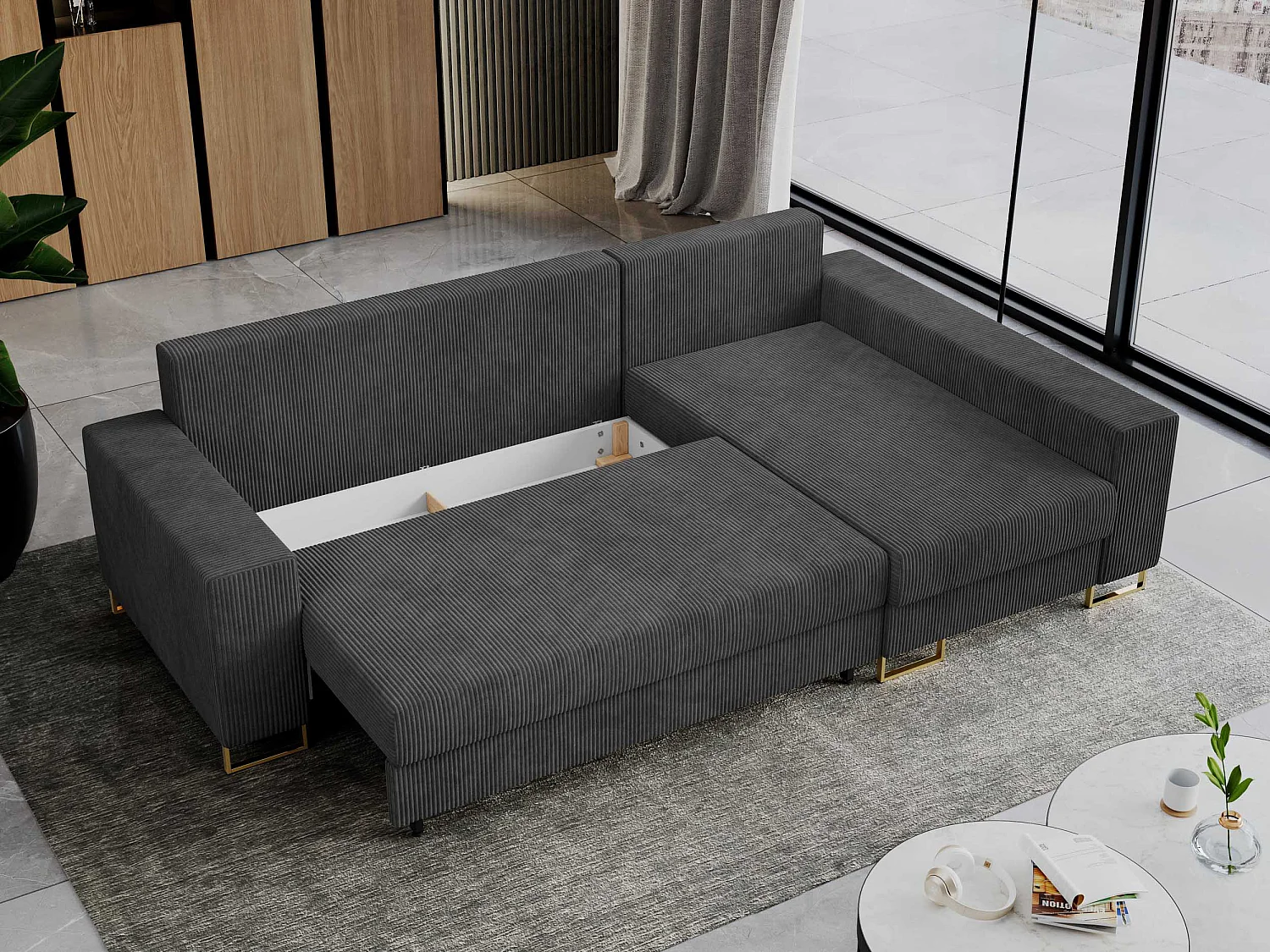 Ecksofa DORIAN - schlaffunktion und Bettkasten, lose Kissen - Dunkelgrau Cord