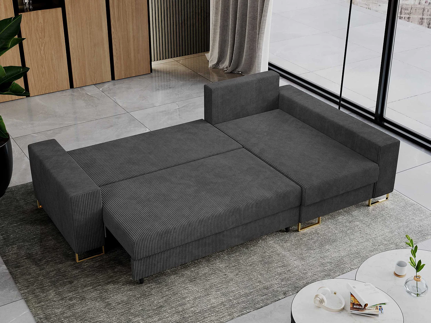 Ecksofa DORIAN - schlaffunktion und Bettkasten, lose Kissen - Dunkelgrau Cord