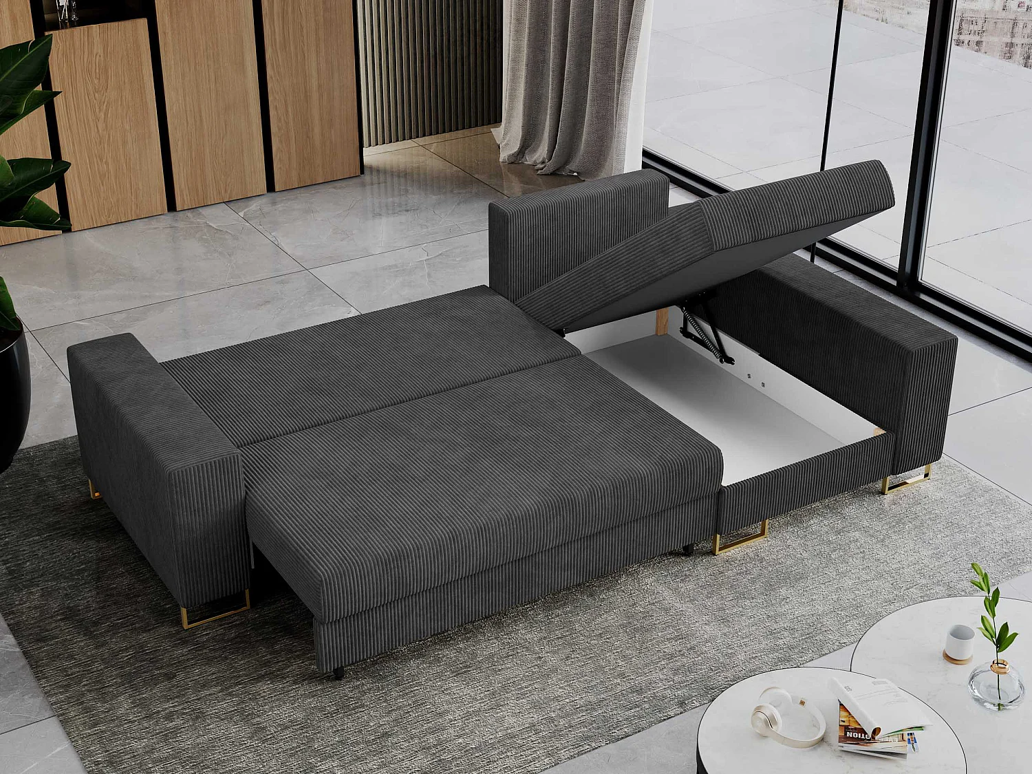 Ecksofa DORIAN - schlaffunktion und Bettkasten, lose Kissen - Dunkelgrau Cord