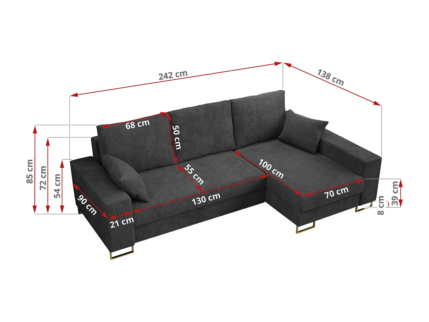 Ecksofa DORIAN - schlaffunktion und Bettkasten, lose Kissen - Dunkelgrau Cord