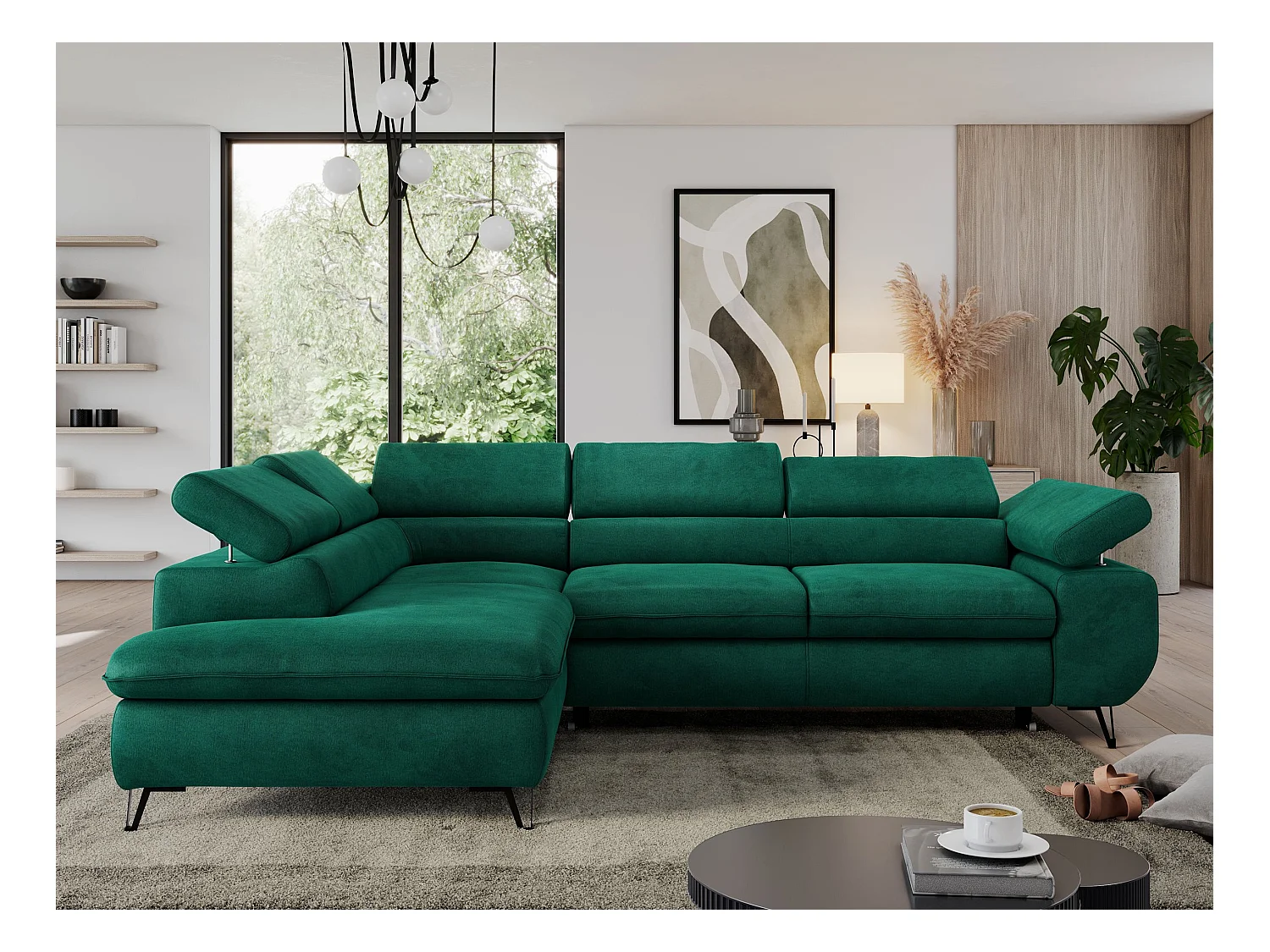 Ecksofa PEDRO - L-Form mit Schlaffunktion 200x125 cm, verstellbaren Kopfstützen - Dunkelgrün Velvet - Ecke Links