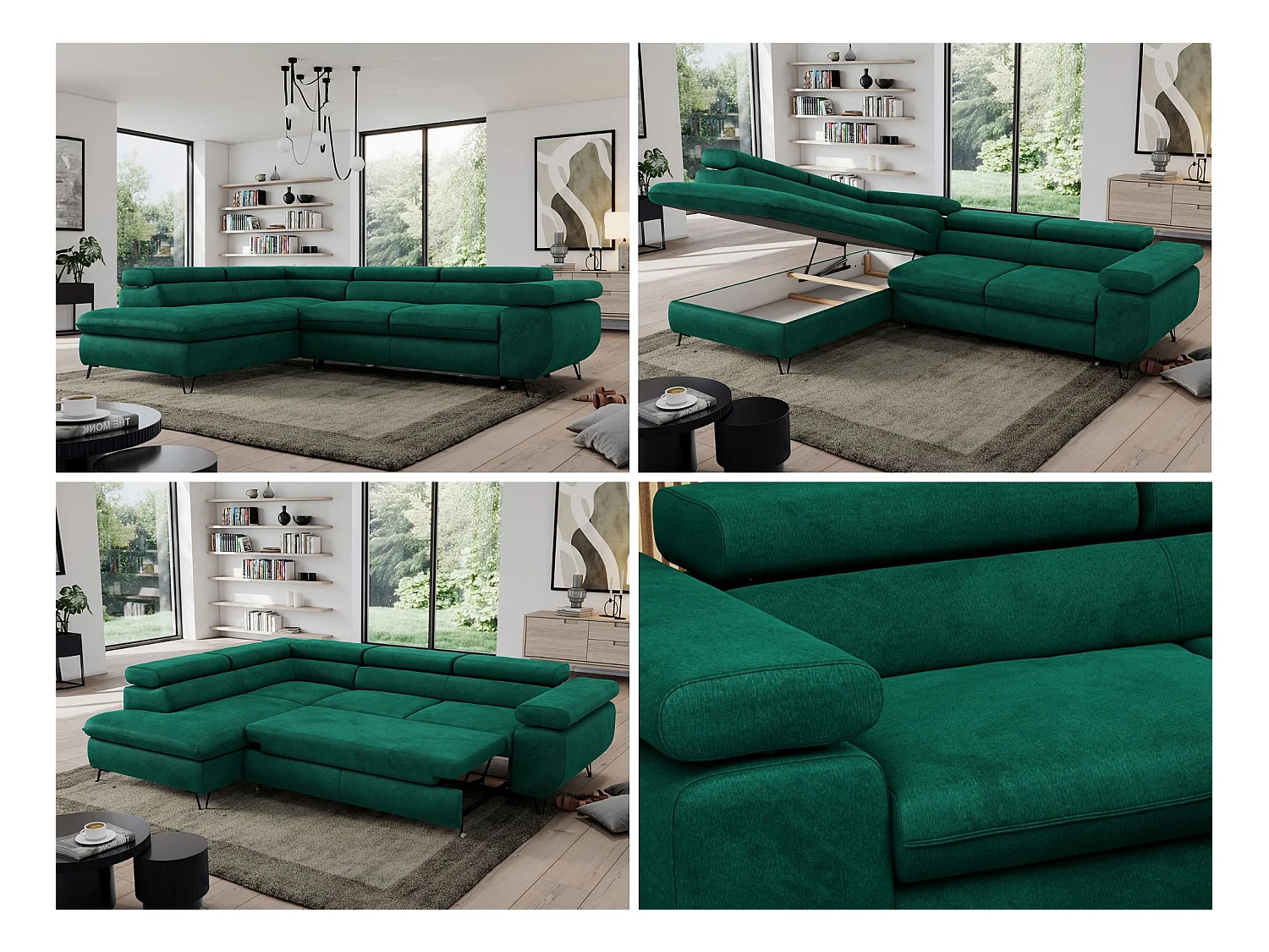 Ecksofa PEDRO - L-Form mit Schlaffunktion 200x125 cm, verstellbaren Kopfstützen - Dunkelgrün Velvet - Ecke Links