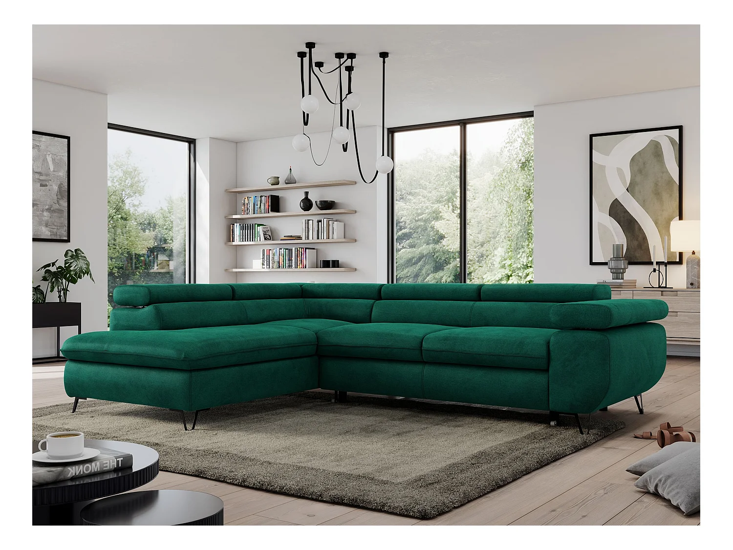 Ecksofa PEDRO - L-Form mit Schlaffunktion 200x125 cm, verstellbaren Kopfstützen - Dunkelgrün Velvet - Ecke Links