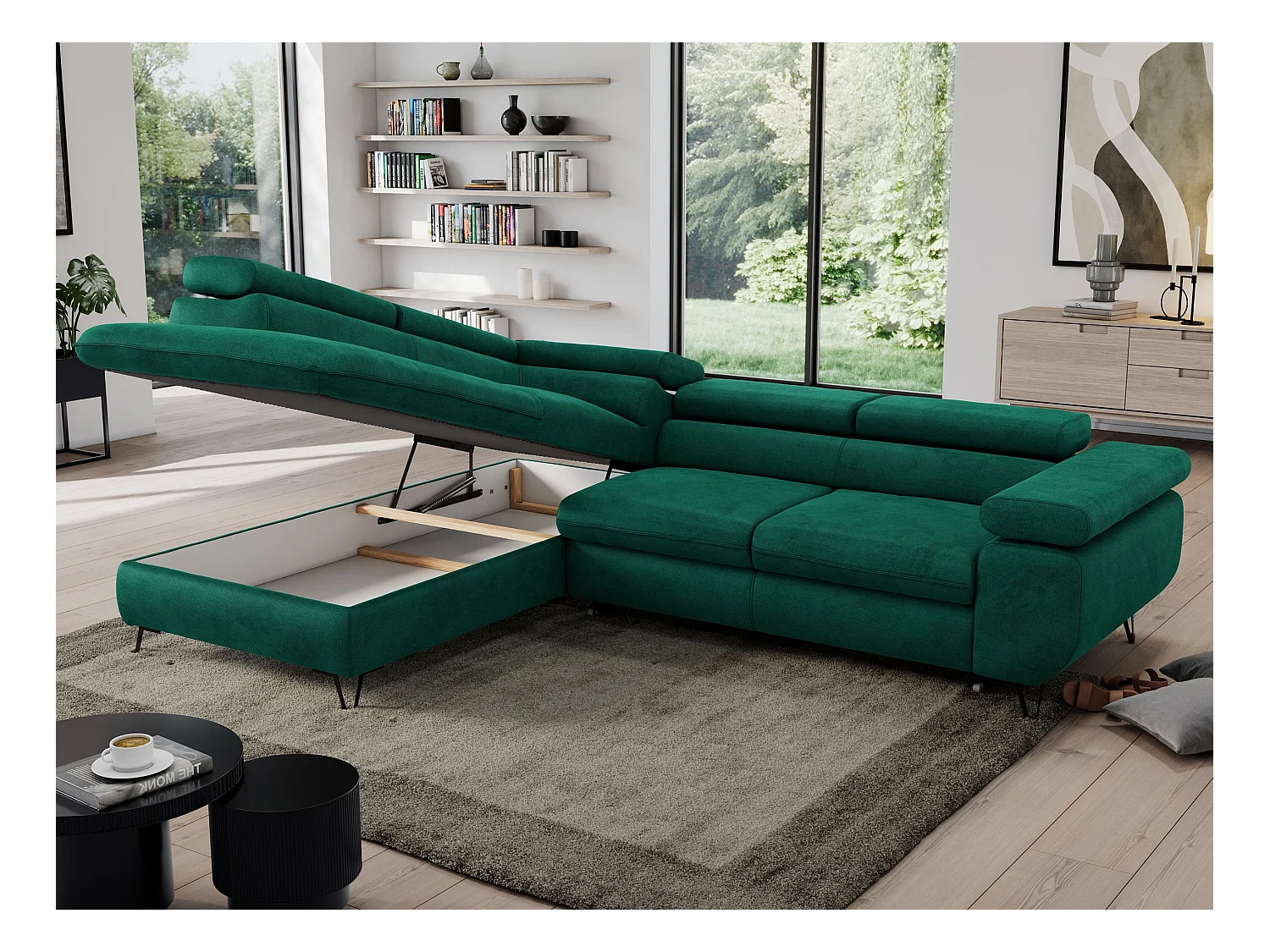 Ecksofa PEDRO - L-Form mit Schlaffunktion 200x125 cm, verstellbaren Kopfstützen - Dunkelgrün Velvet - Ecke Links