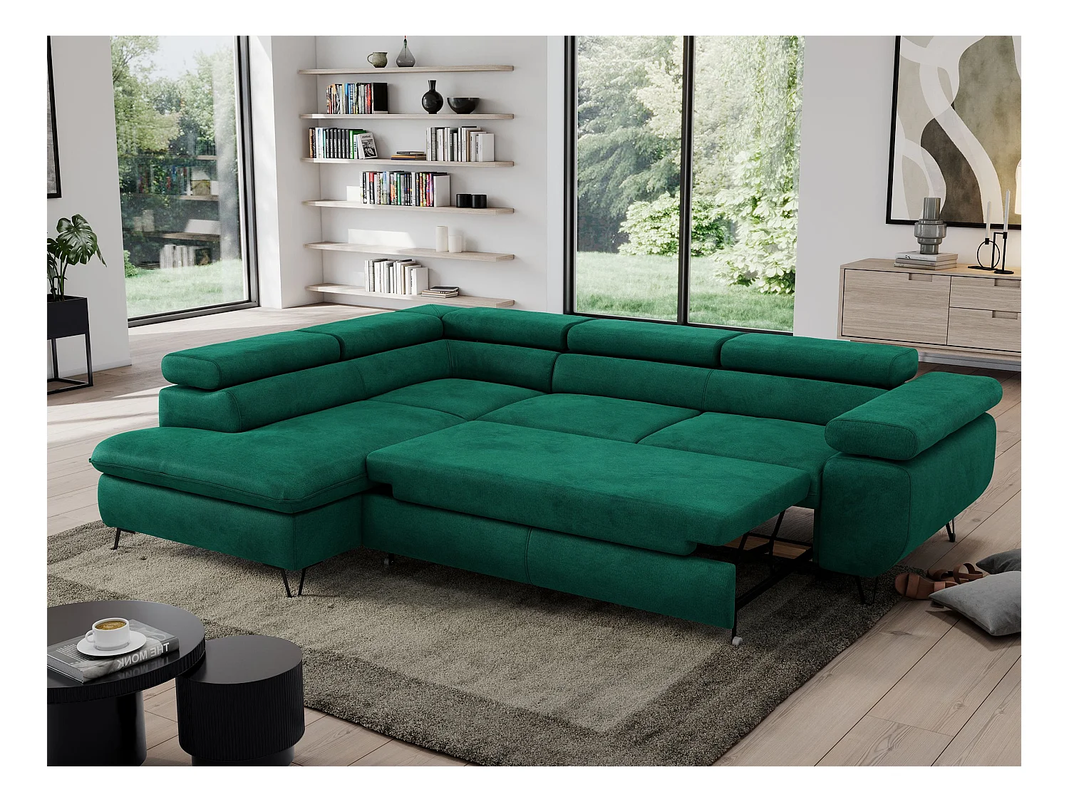 Ecksofa PEDRO - L-Form mit Schlaffunktion 200x125 cm, verstellbaren Kopfstützen - Dunkelgrün Velvet - Ecke Links