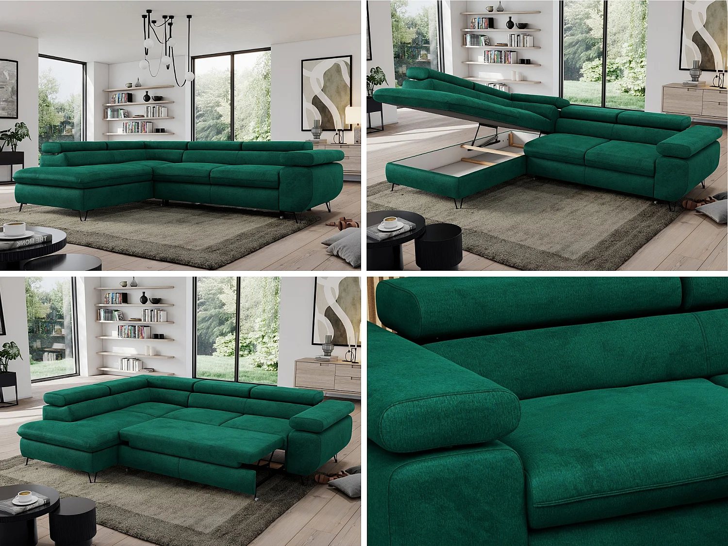Ecksofa PEDRO - L-Form mit Schlaffunktion 200x125 cm, verstellbaren Kopfstützen - Dunkelgrün Velvet - Ecke Links