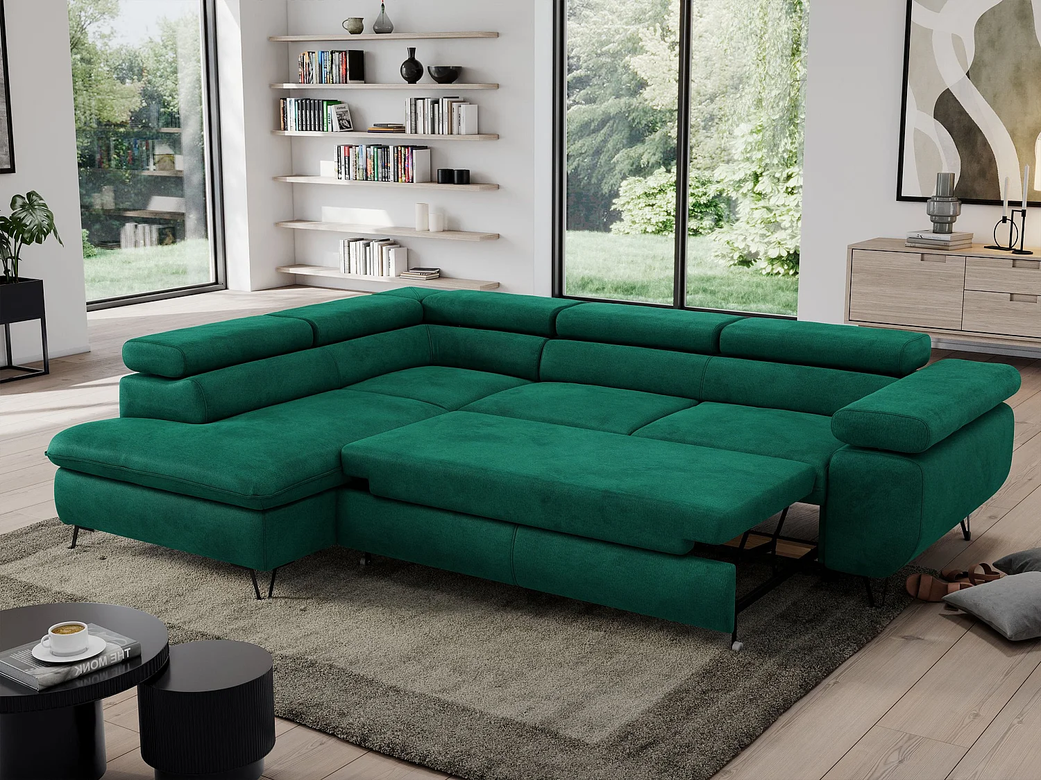 Ecksofa PEDRO - L-Form mit Schlaffunktion 200x125 cm, verstellbaren Kopfstützen - Dunkelgrün Velvet - Ecke Links