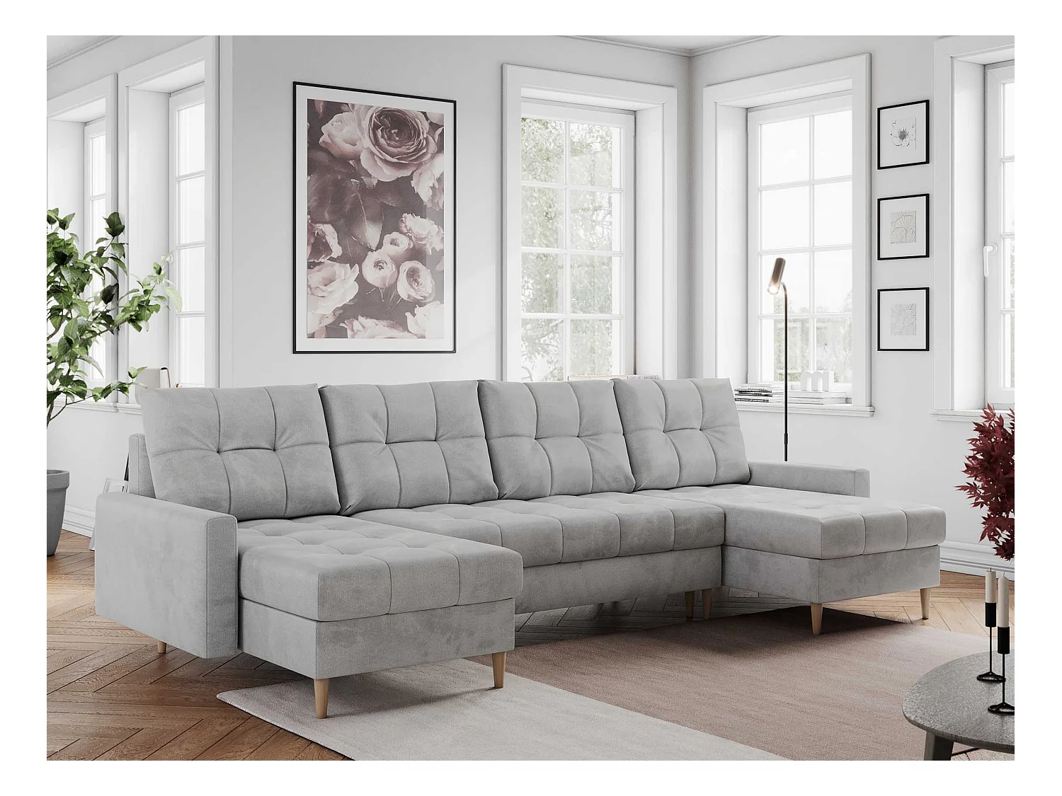Ecksofa COLIN U mit Bettfunktion - skandinavisches design, lose Kissen - Hellgrau Velvet