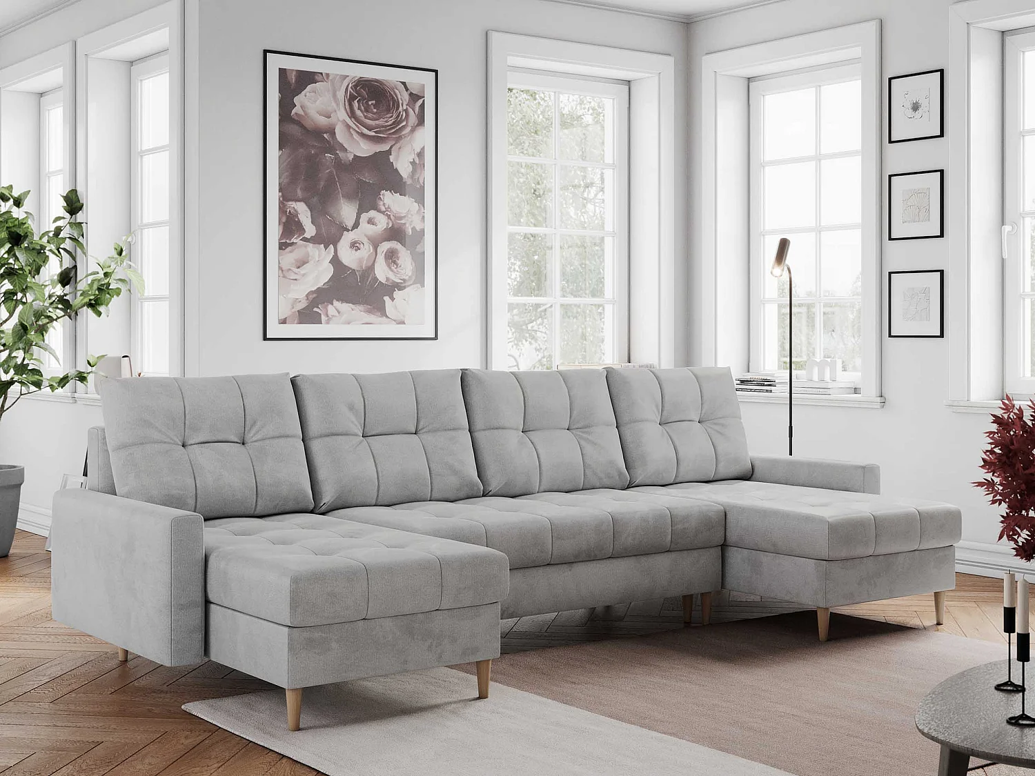 Ecksofa COLIN U mit Bettfunktion - skandinavisches design, lose Kissen - Hellgrau Velvet