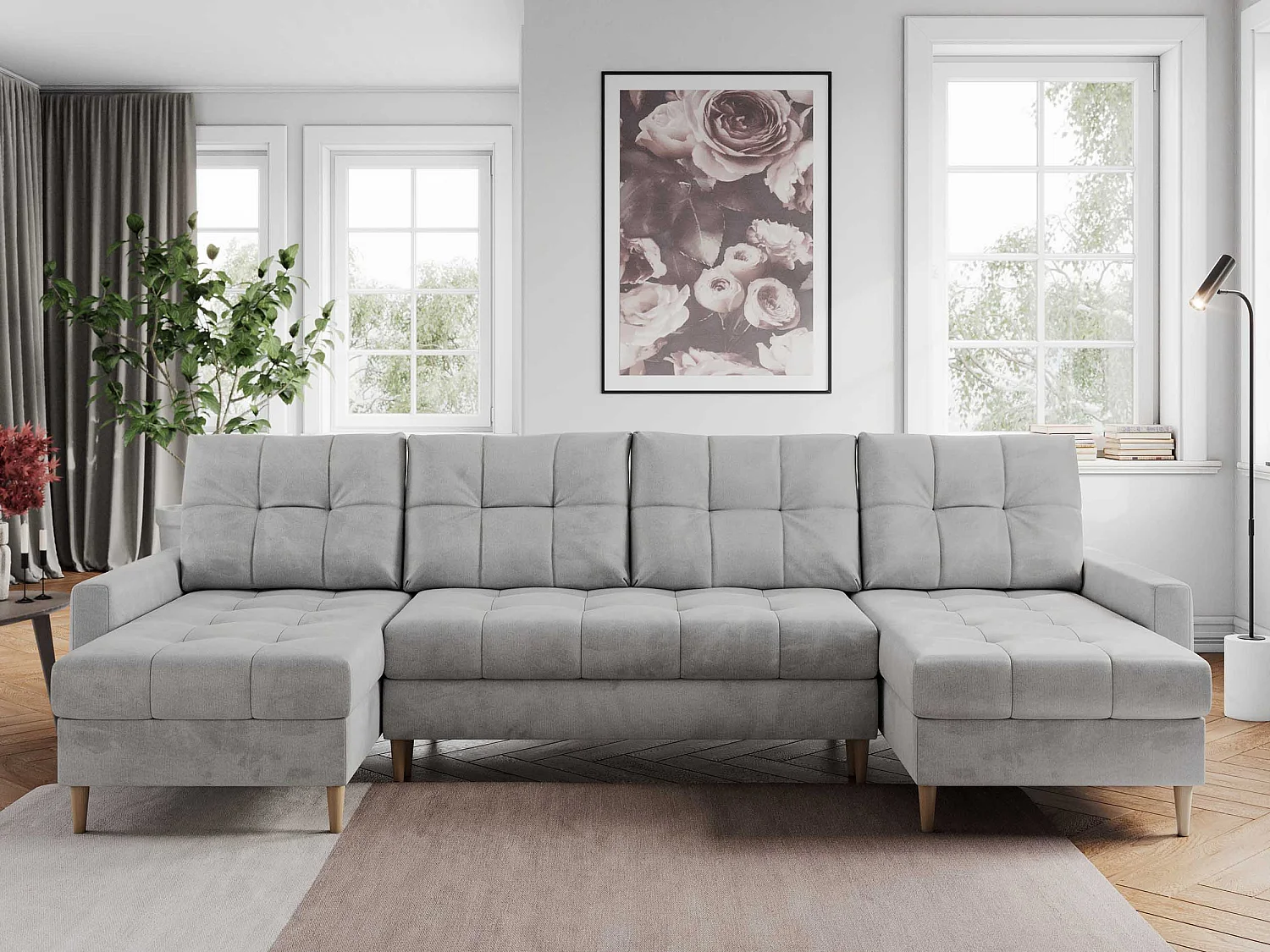 Ecksofa COLIN U mit Bettfunktion - skandinavisches design, lose Kissen - Hellgrau Velvet