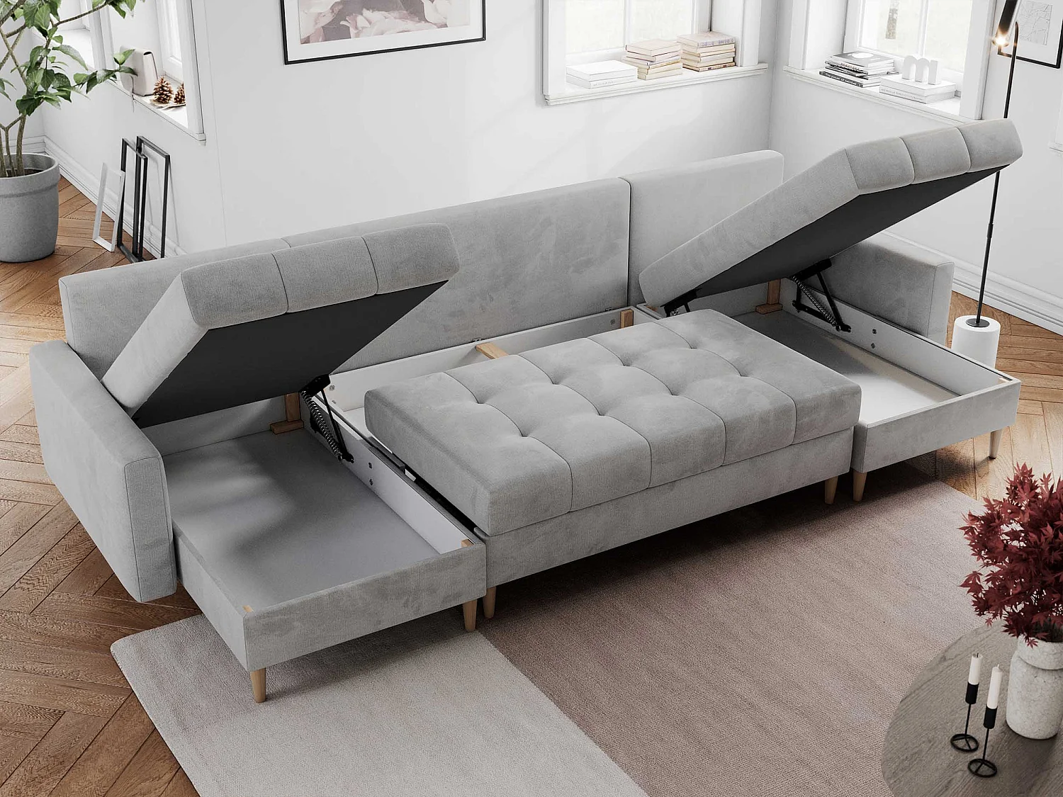 Ecksofa COLIN U mit Bettfunktion - skandinavisches design, lose Kissen - Hellgrau Velvet