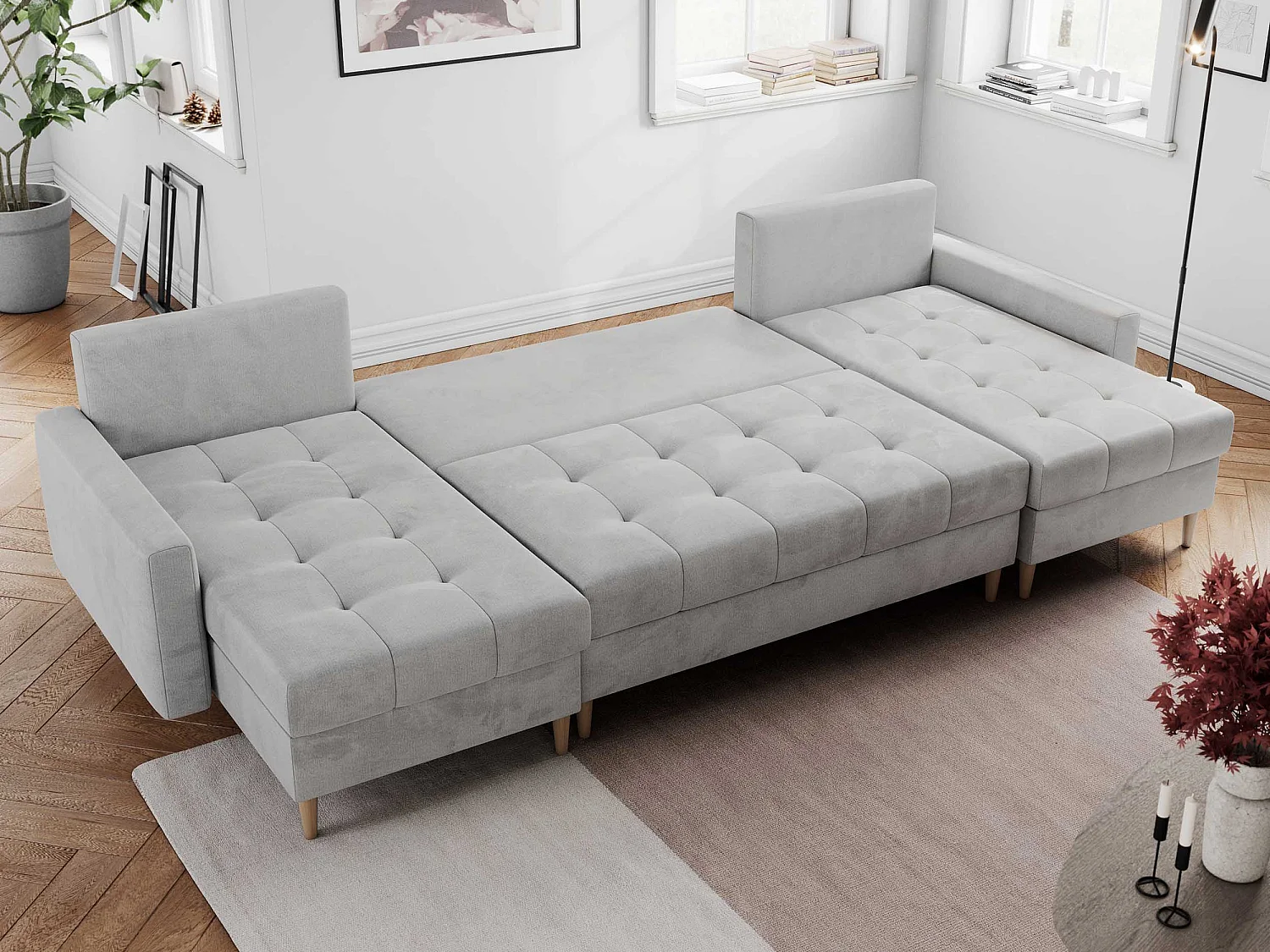 Ecksofa COLIN U mit Bettfunktion - skandinavisches design, lose Kissen - Hellgrau Velvet