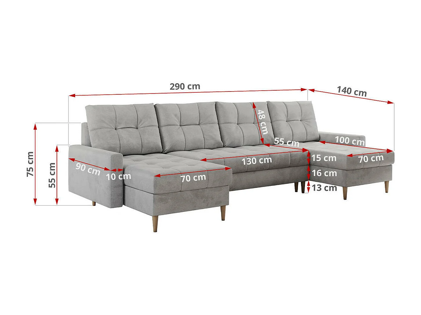 Ecksofa COLIN U mit Bettfunktion - skandinavisches design, lose Kissen - Hellgrau Velvet