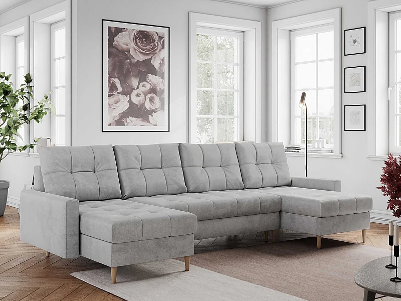 Ecksofa COLIN U mit Bettfunktion - skandinavisches design, lose Kissen - Hellgrau Velvet