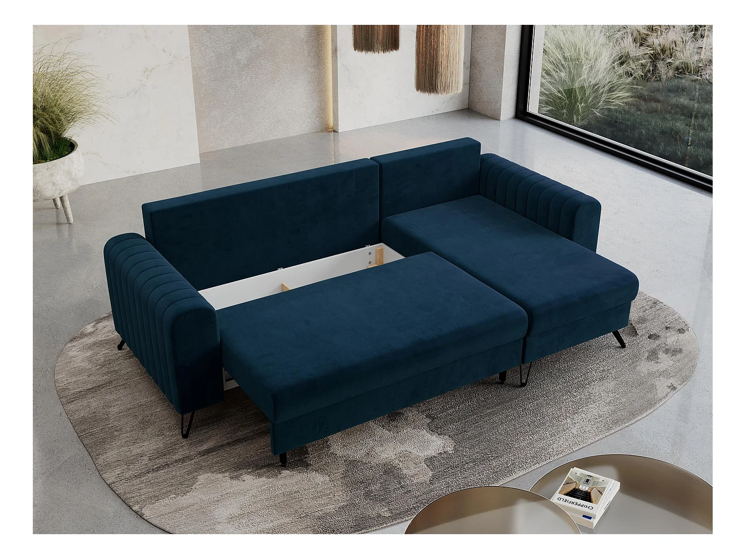 Ecksofa AXEL - universal mit schlaffunktion, Bettkasten - Dunkelblau Velvet