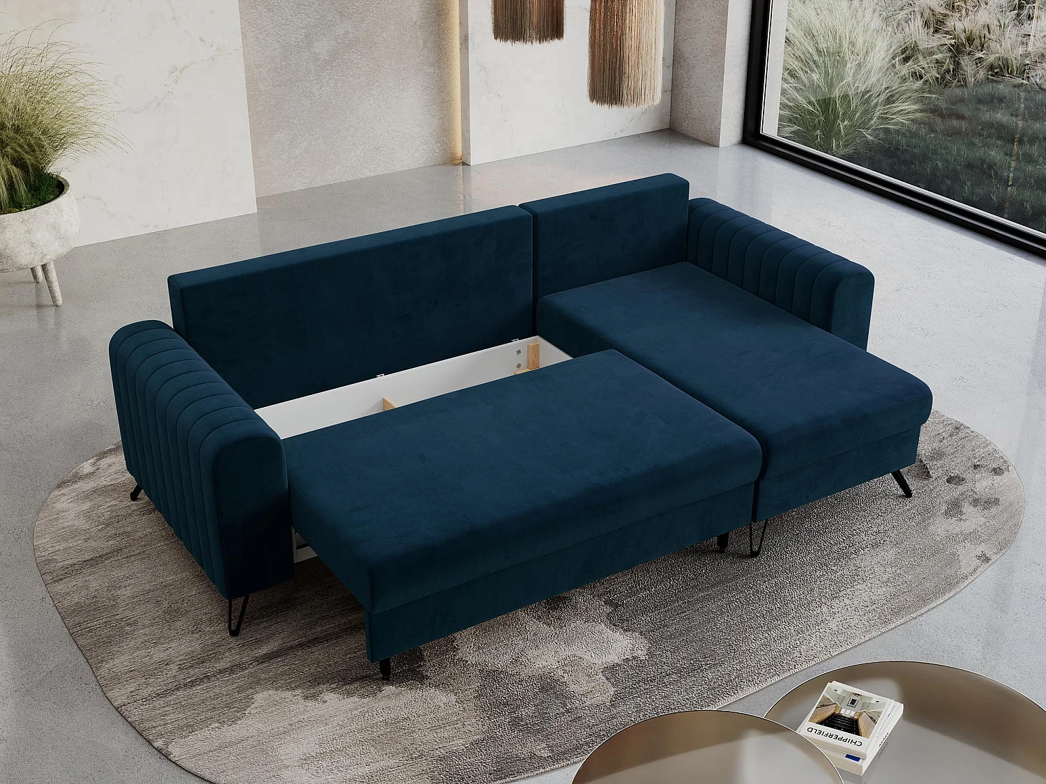 Ecksofa AXEL - universal mit schlaffunktion, Bettkasten - Dunkelblau Velvet