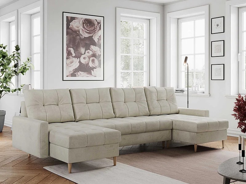 Ecksofa COLIN U mit Bettfunktion - skandinavisches design, lose Kissen - Beige Velvet