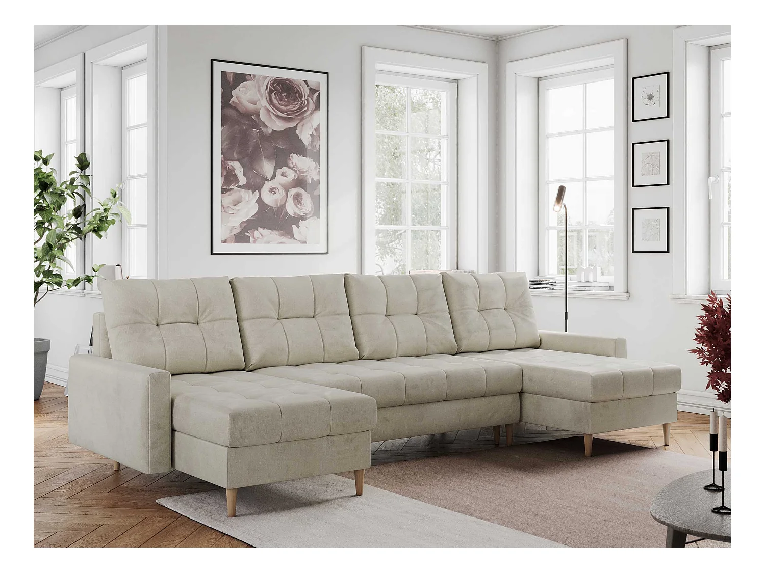 Ecksofa COLIN U mit Bettfunktion - skandinavisches design, lose Kissen - Beige Velvet