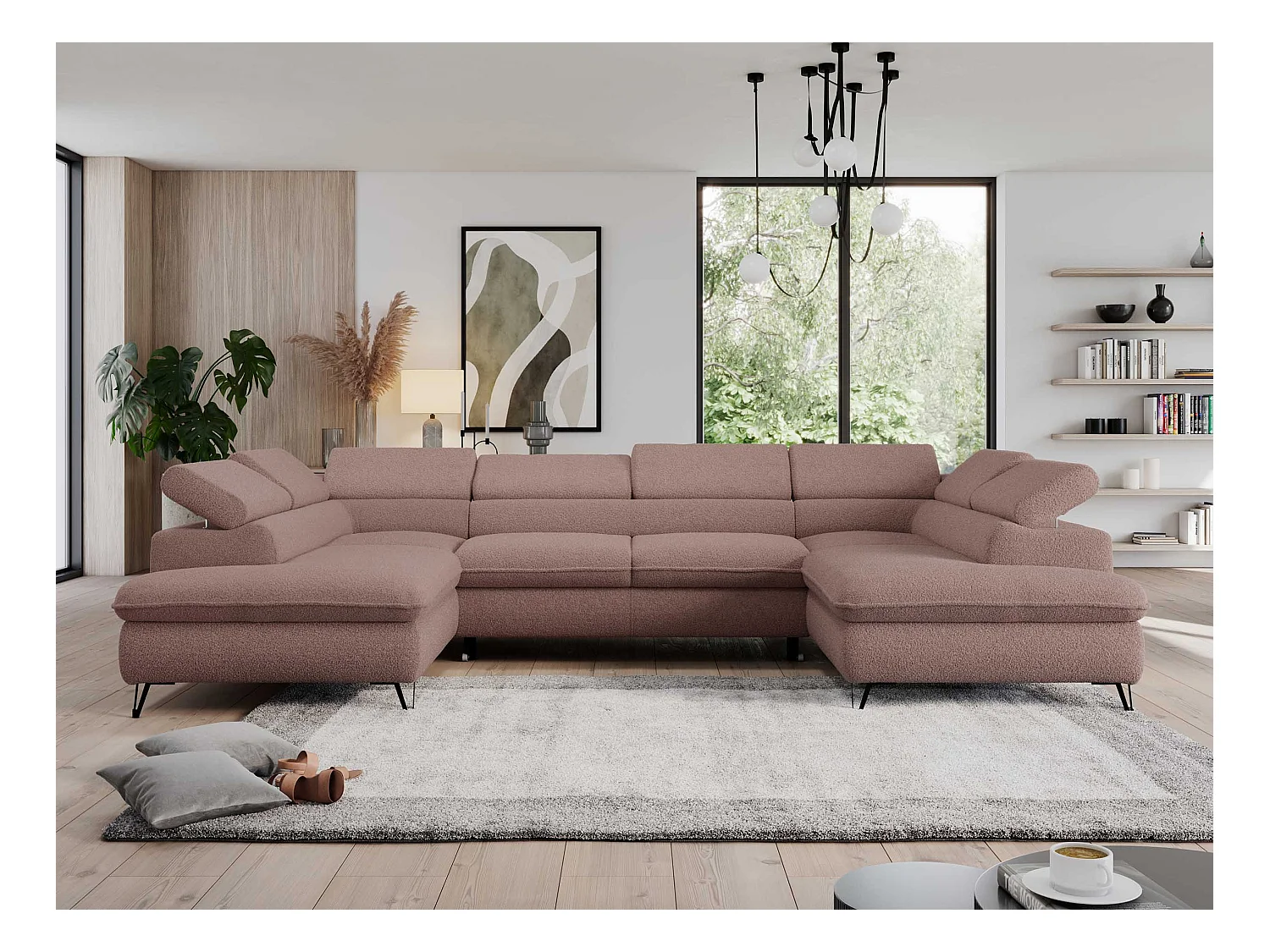 Ecksofa PEDRO U - XXL U-förmige Ecke, schlaffunktion und Bettkästen - Rosa Boucle