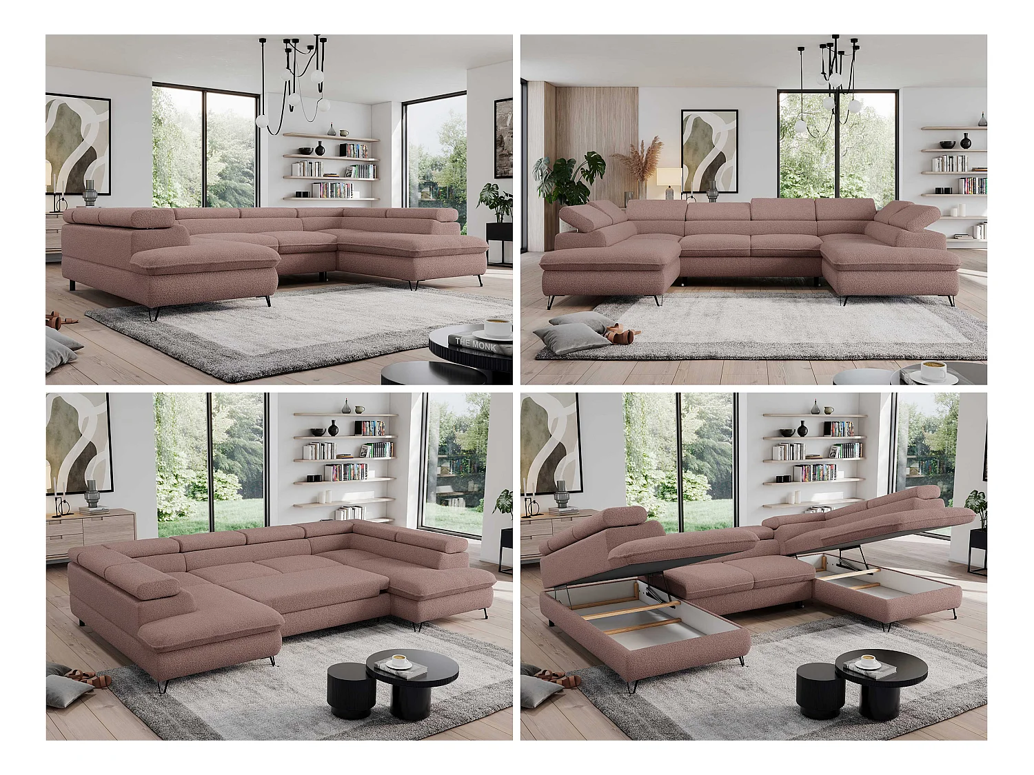 Ecksofa PEDRO U - XXL U-förmige Ecke, schlaffunktion und Bettkästen - Rosa Boucle