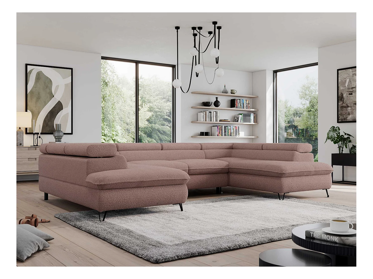 Ecksofa PEDRO U - XXL U-förmige Ecke, schlaffunktion und Bettkästen - Rosa Boucle