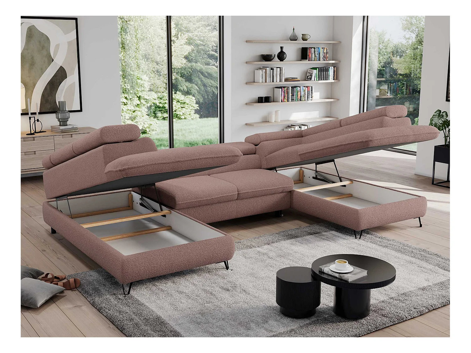 Ecksofa PEDRO U - XXL U-förmige Ecke, schlaffunktion und Bettkästen - Rosa Boucle