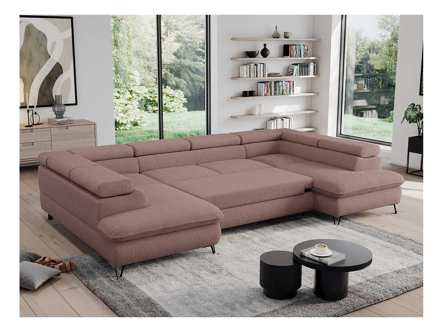 Ecksofa PEDRO U - XXL U-förmige Ecke, schlaffunktion und Bettkästen - Rosa Boucle