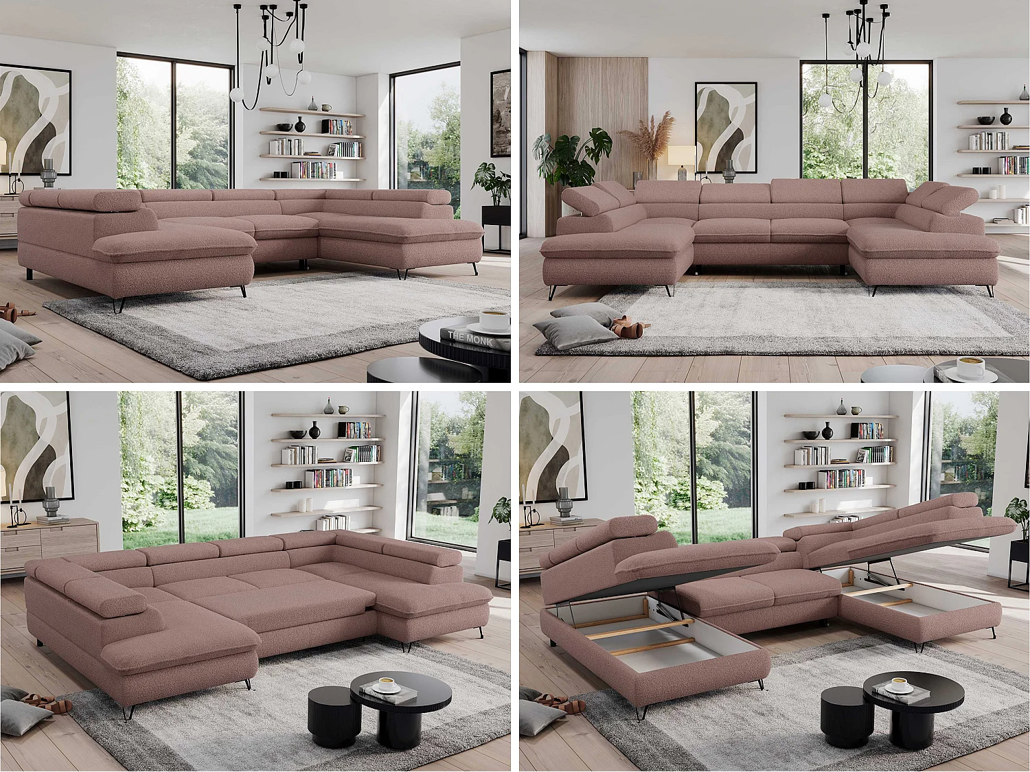 Ecksofa PEDRO U - XXL U-förmige Ecke, schlaffunktion und Bettkästen - Rosa Boucle