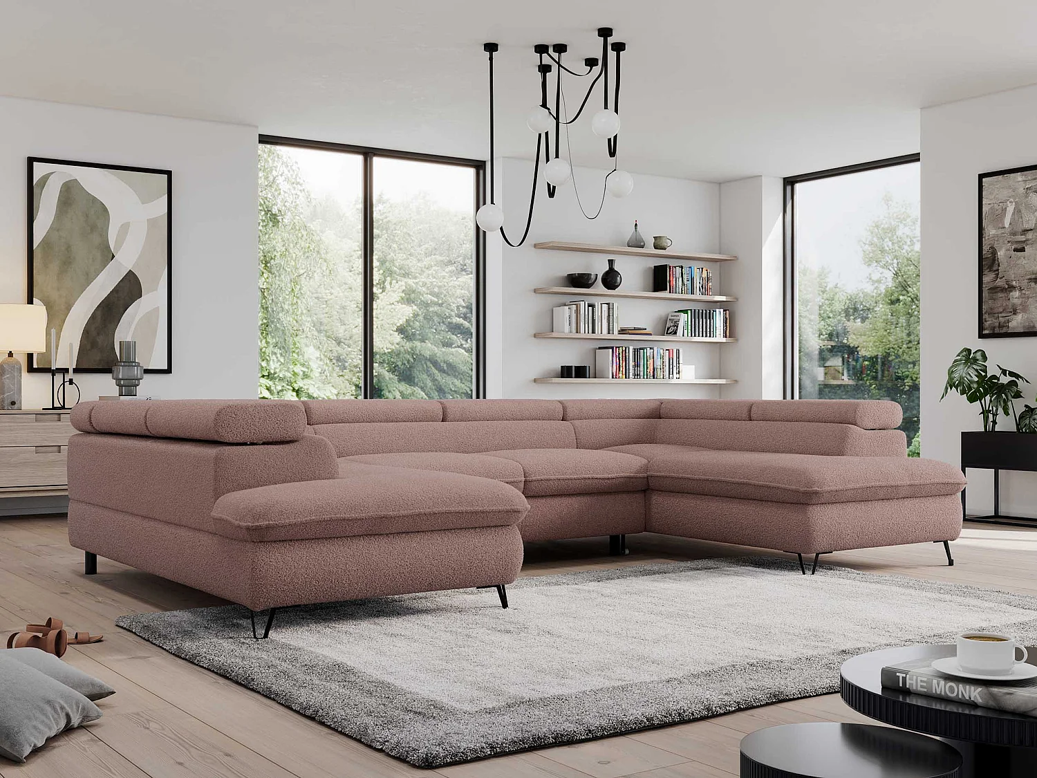 Ecksofa PEDRO U - XXL U-förmige Ecke, schlaffunktion und Bettkästen - Rosa Boucle