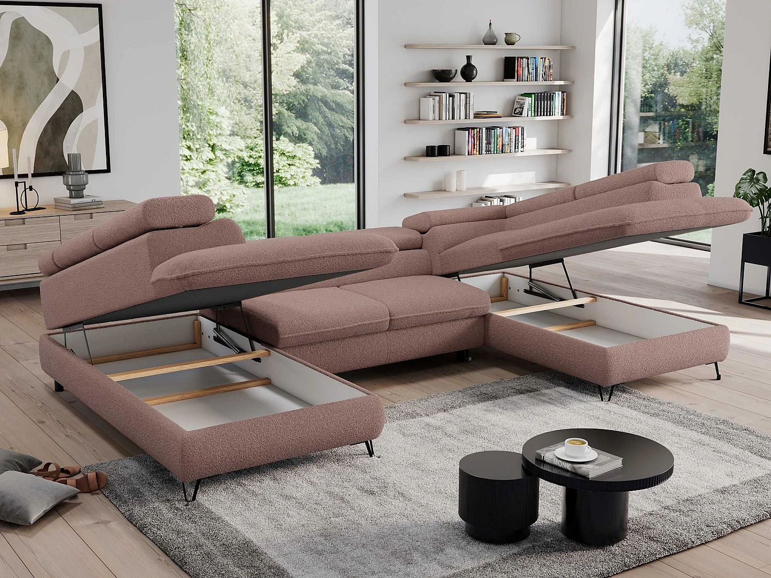 Ecksofa PEDRO U - XXL U-förmige Ecke, schlaffunktion und Bettkästen - Rosa Boucle